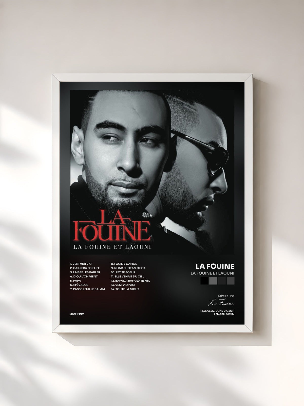 #blanc Tableau de l'album La Fouine et Laouni de La Fouine, cadre blanc, imprimé et encadré en France