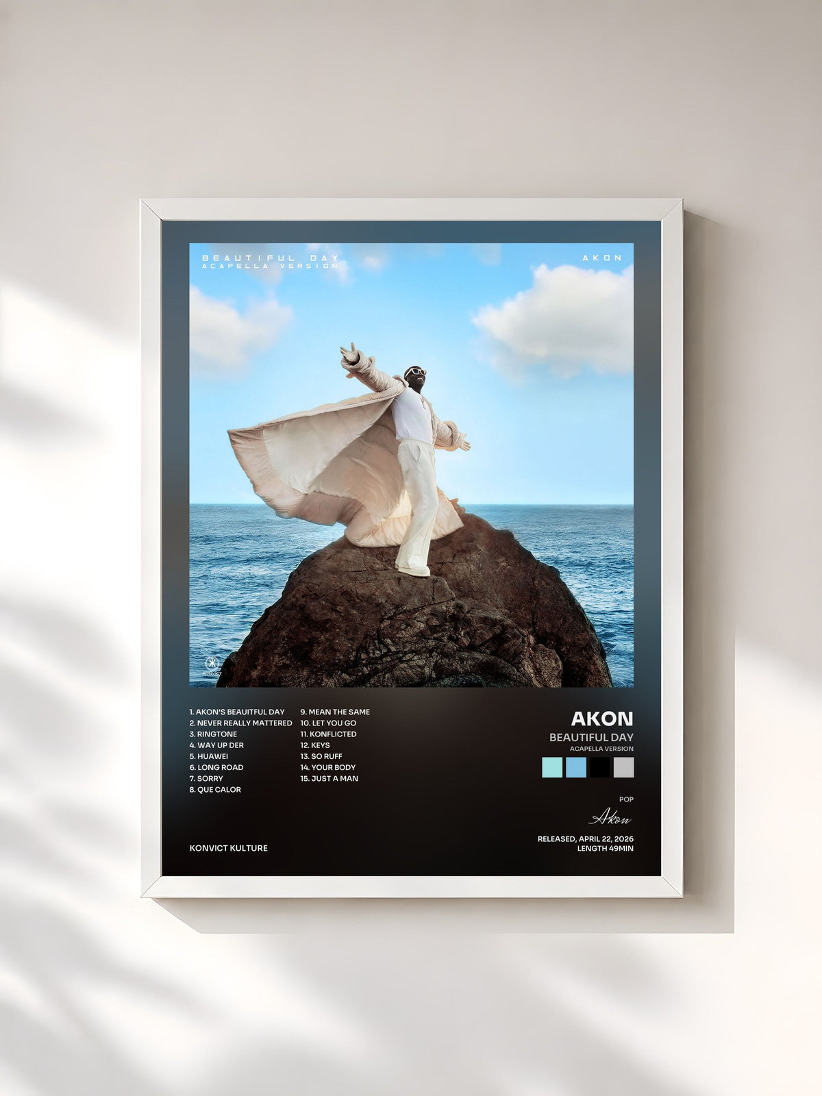 #blanc BEAUTIFUL DAY (ACAPELLA VERSION) by Akon as a framed art print, white frame, printed and framed in France