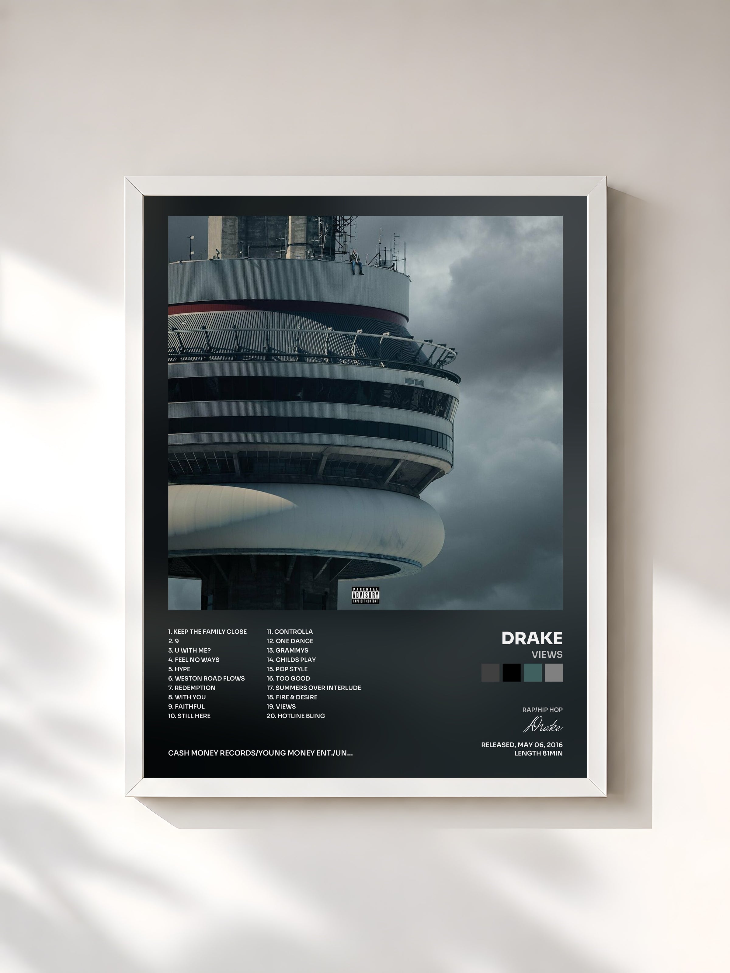 #blanc Tableau de l'album Views de Drake, cadre blanc, imprimé et encadré en France