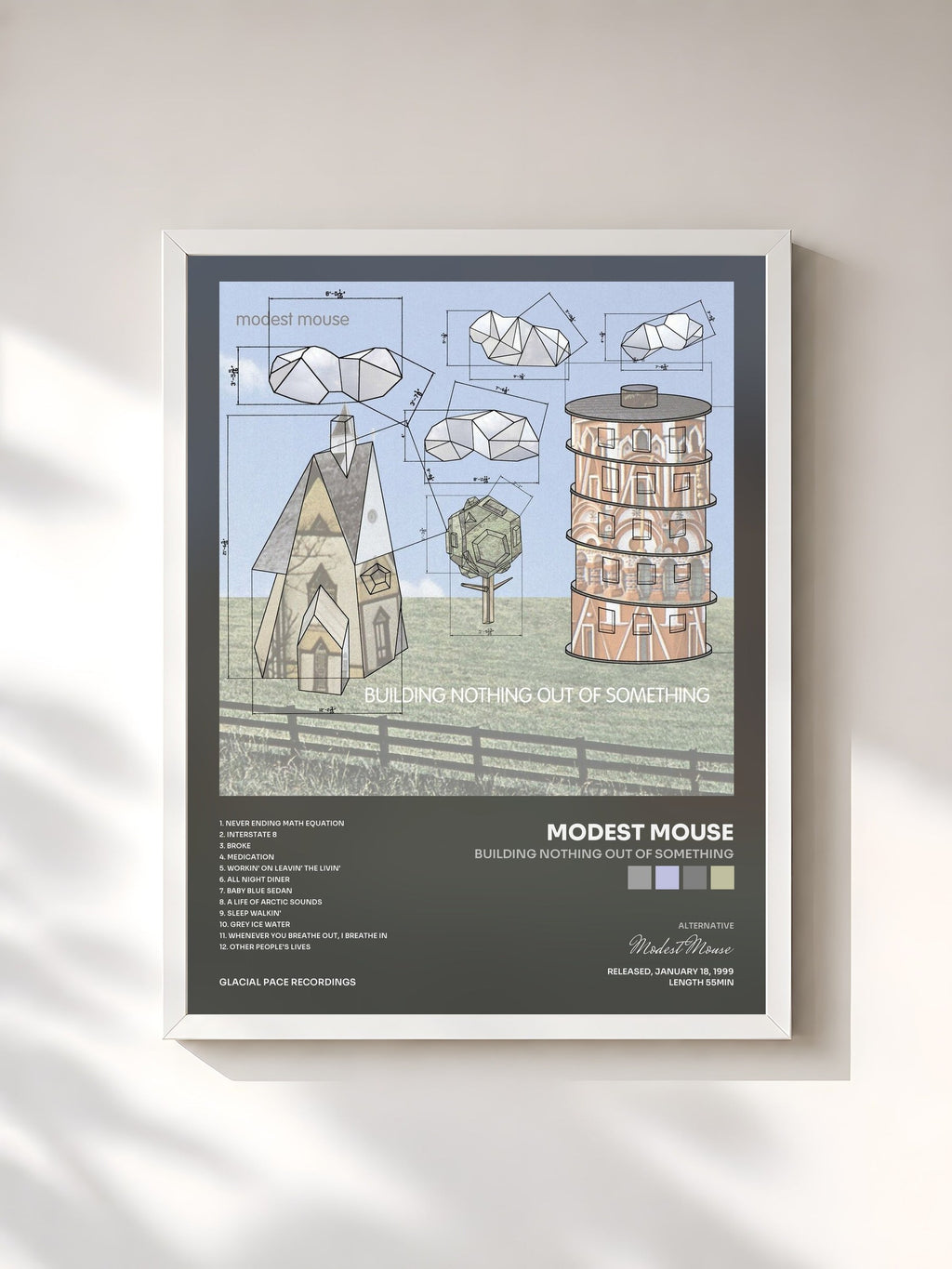 #blanc Tableau de l'album Building Nothing Out of Something de Modest Mouse, cadre blanc, imprimé et encadré en France