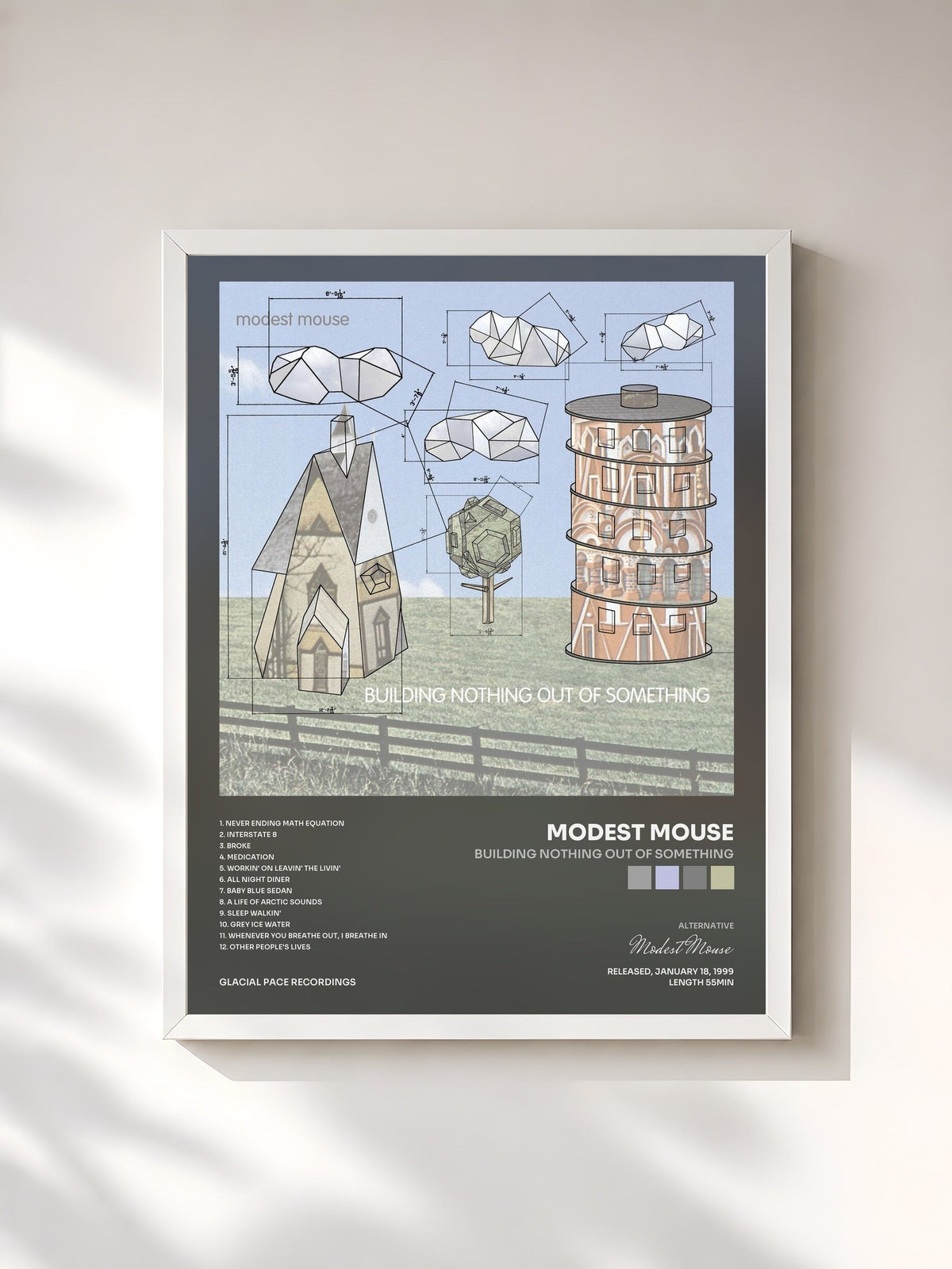 #blanc Tableau de l'album Building Nothing Out of Something de Modest Mouse, cadre blanc, imprimé et encadré en France