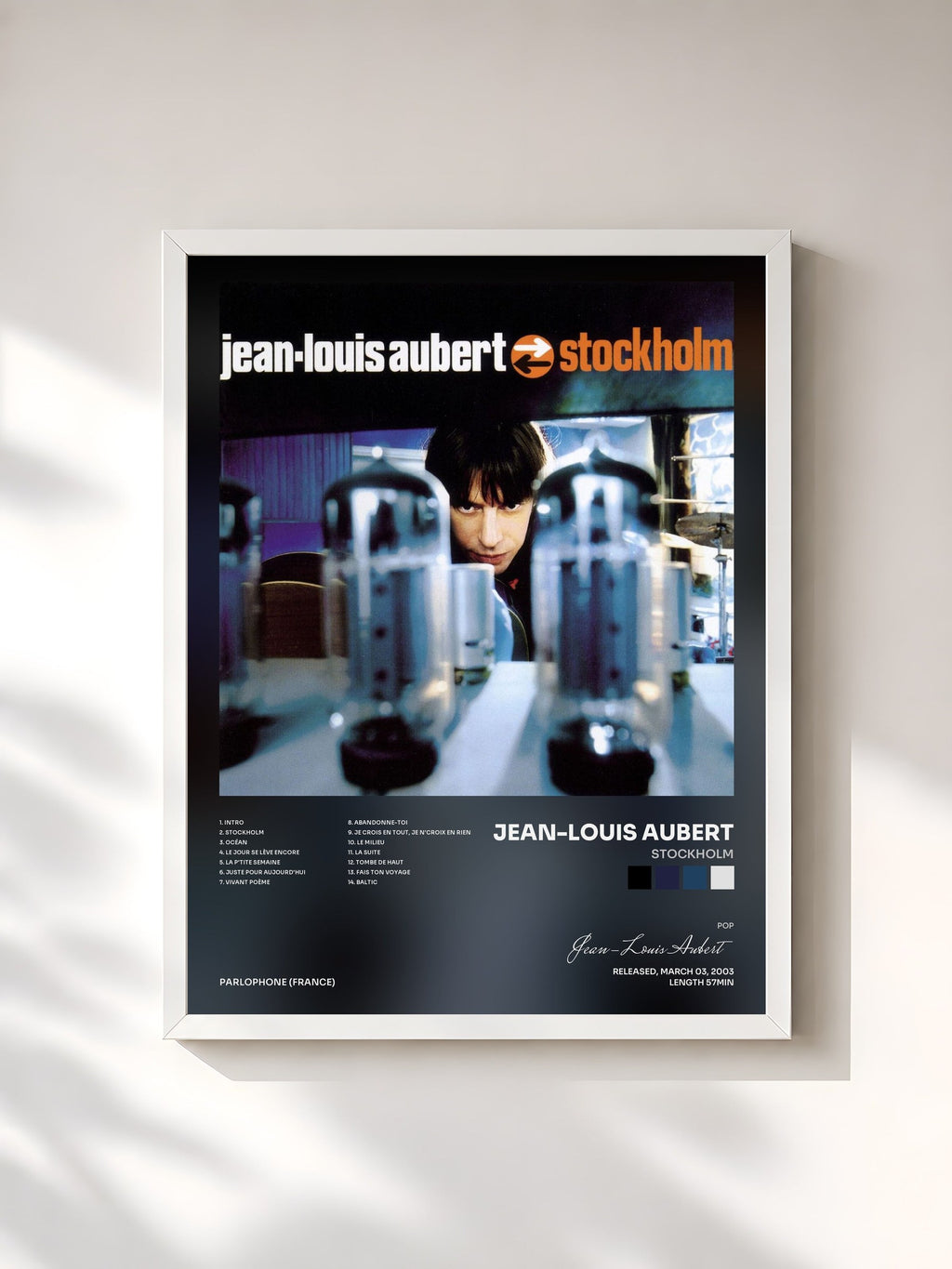 #blanc Tableau de l'album stockholm de Jean-Louis Aubert, cadre blanc, imprimé et encadré en France