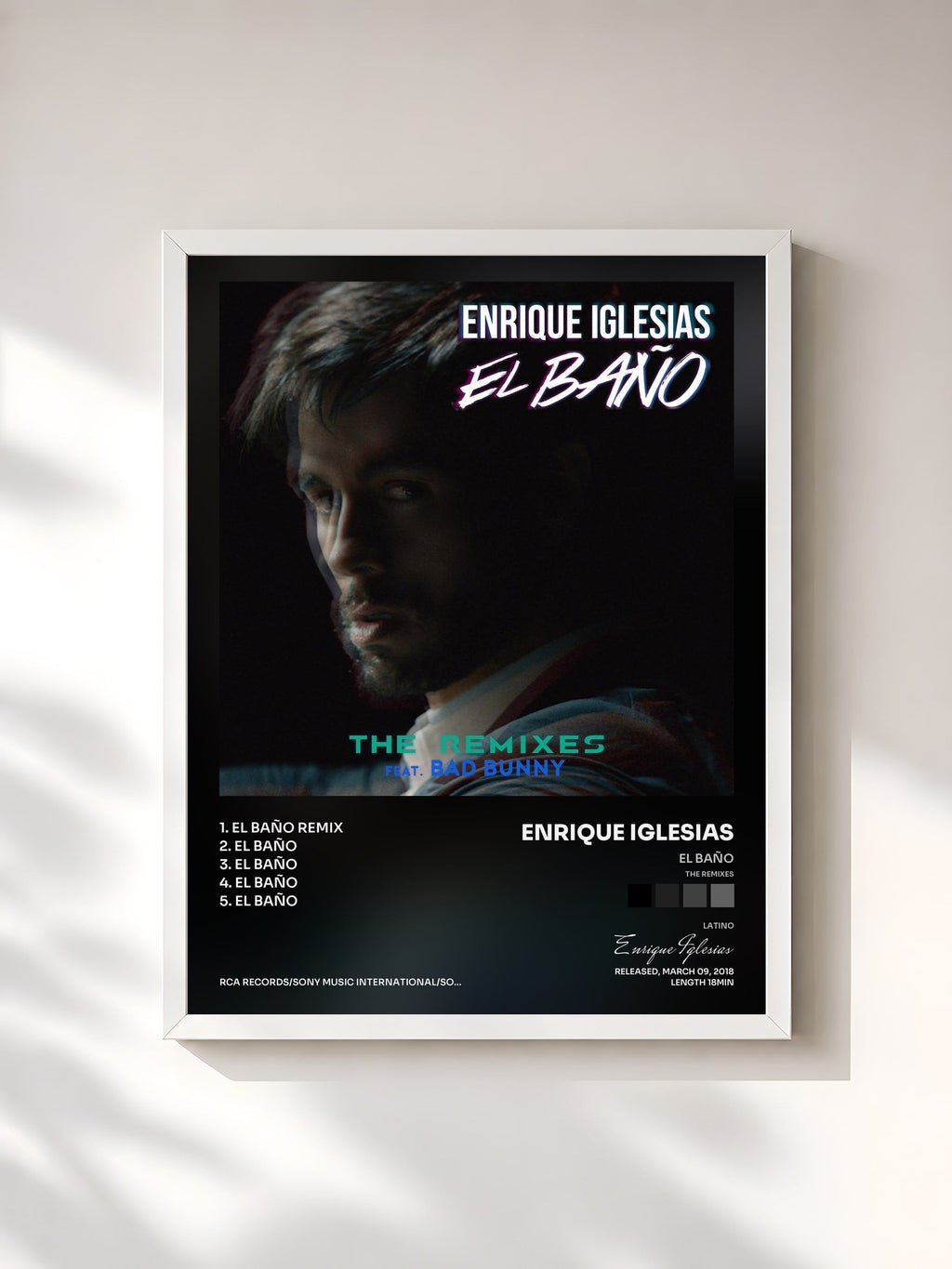 #blanc EL BAÑO (The Remixes) de Enrique Iglesias en lámina enmarcada, marco blanco, impresa y enmarcada en Francia