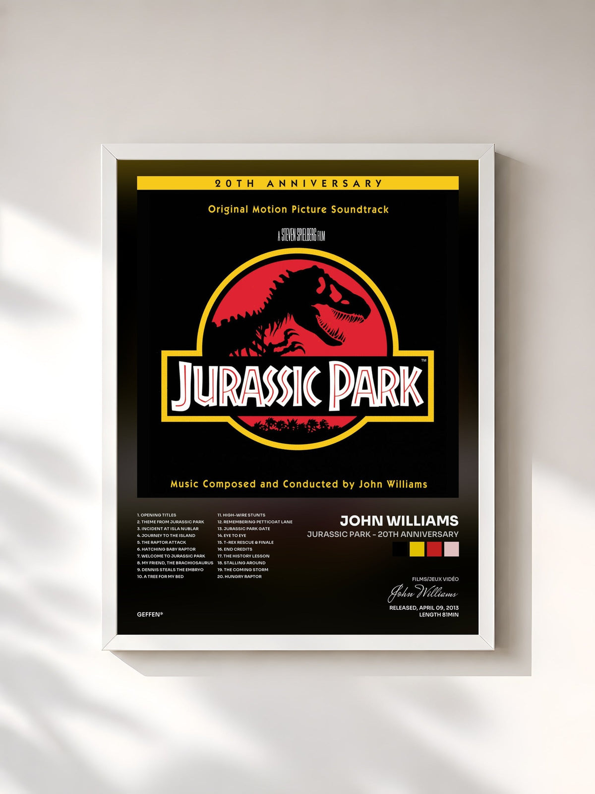 #blanc Tableau de l'album Jurassic Park - 20th Anniversary de John Williams, cadre blanc, imprimé et encadré en France