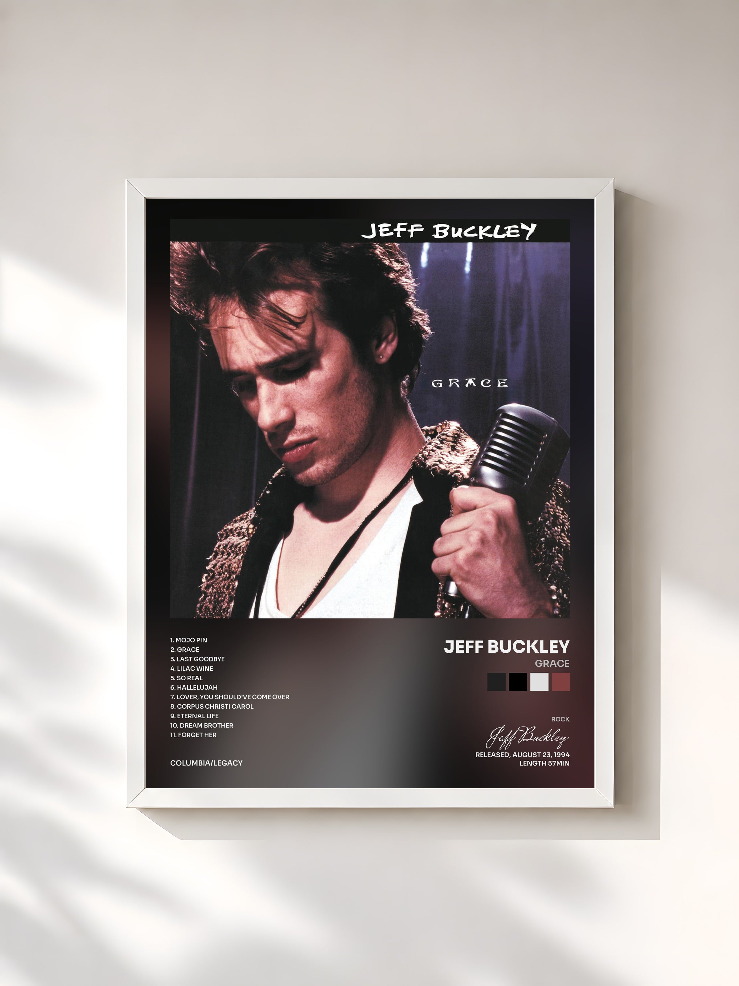 #blanc Tableau de l'album Grace de Jeff Buckley, cadre blanc, imprimé et encadré en France