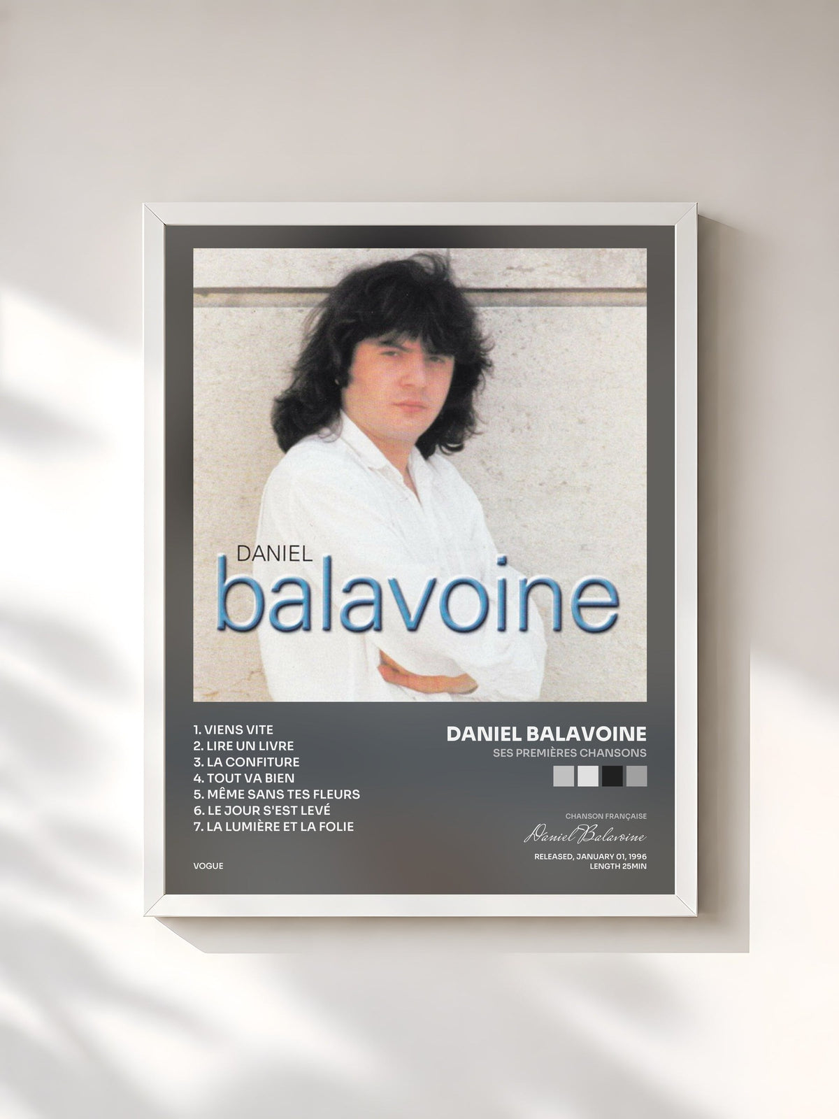 #blanc Tableau de l'album Ses premières chansons de Daniel Balavoine, cadre blanc, imprimé et encadré en France