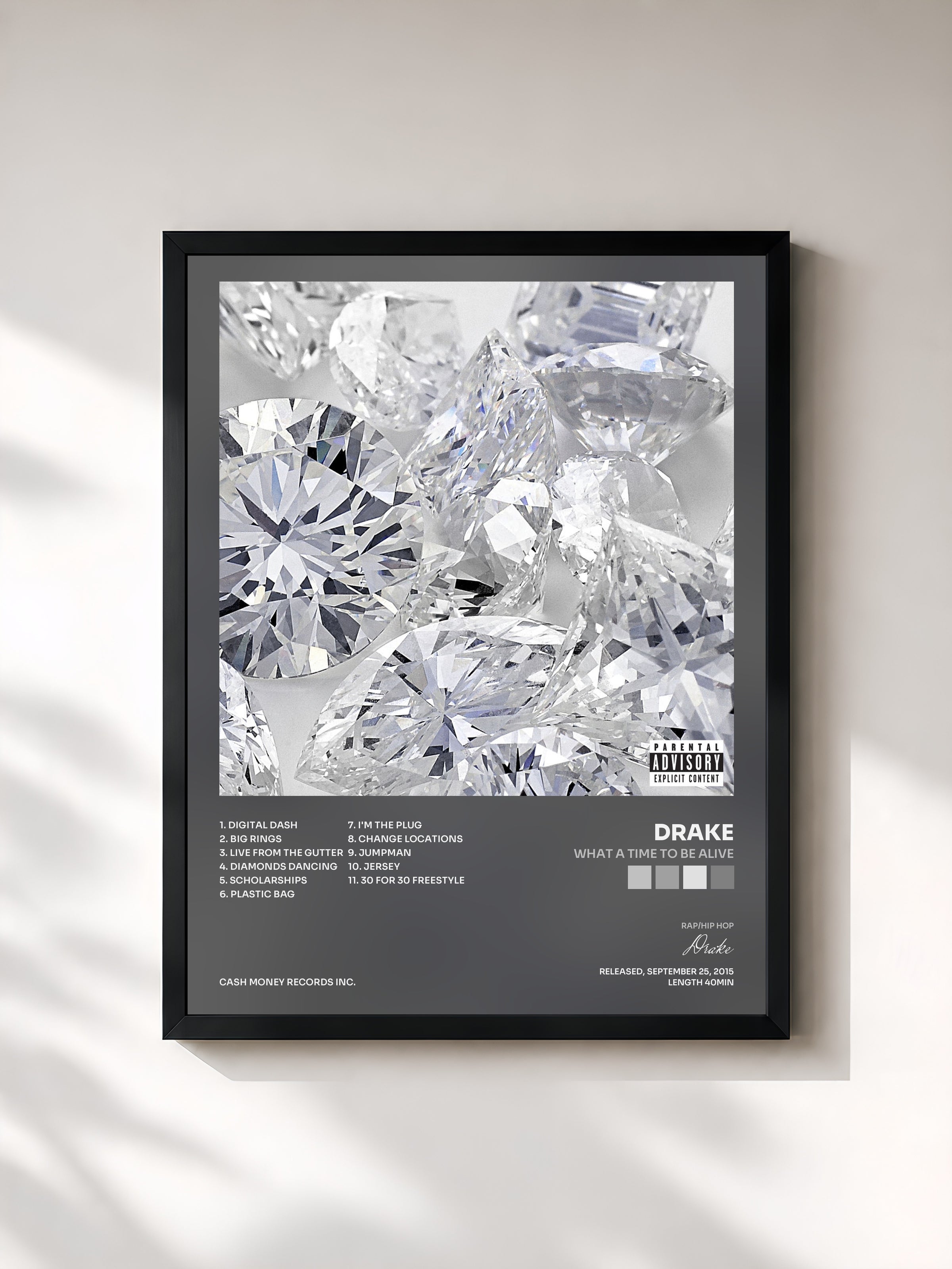 #noir Tableau de l'album What A Time To Be Alive de Drake, cadre noir, imprimé et encadré en France