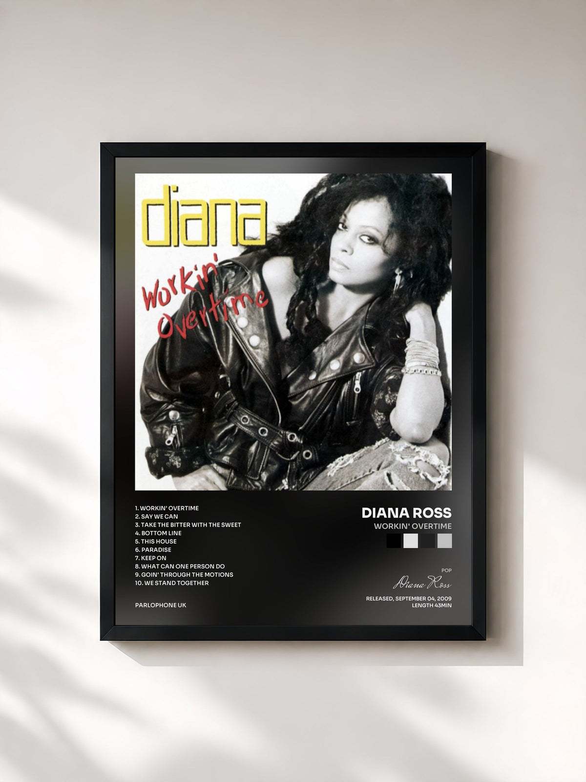 #noir Tableau de l'album Workin' Overtime de Diana Ross, cadre noir, imprimé et encadré en France