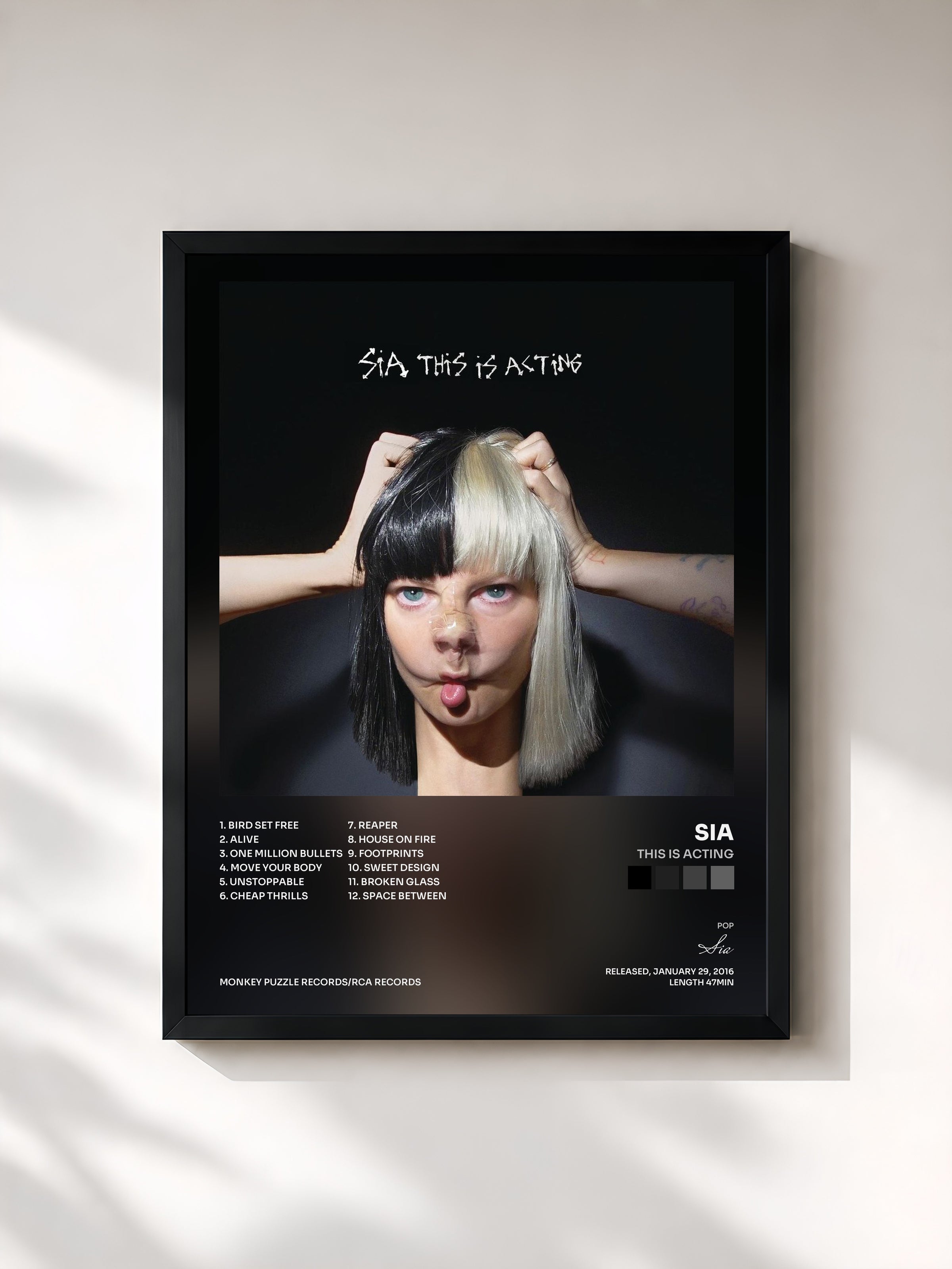 #noir Tableau de l'album This Is Acting de Sia, cadre noir, imprimé et encadré en France