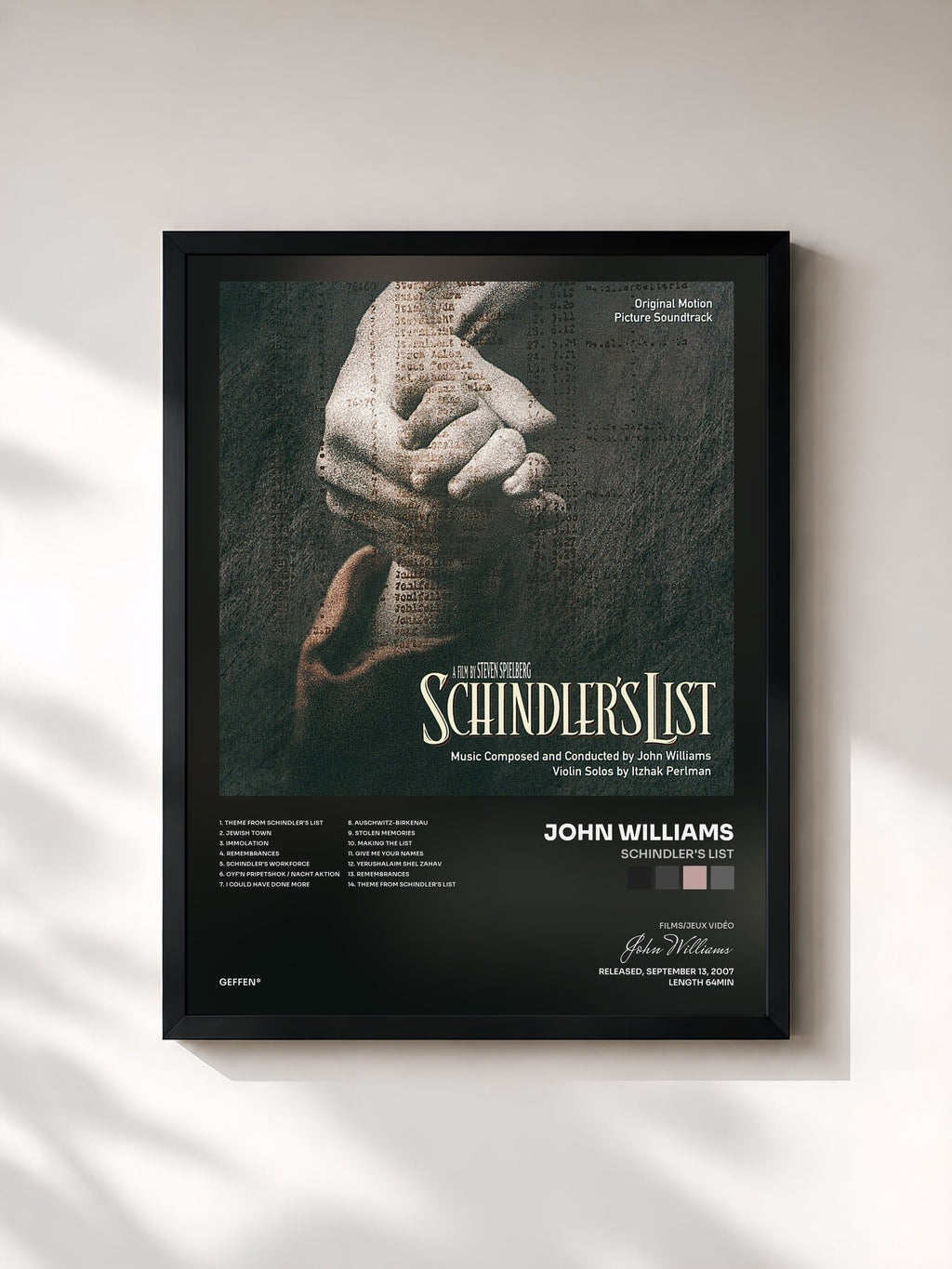 #noir Tableau de l'album Schindler's List de John Williams, cadre noir, imprimé et encadré en France