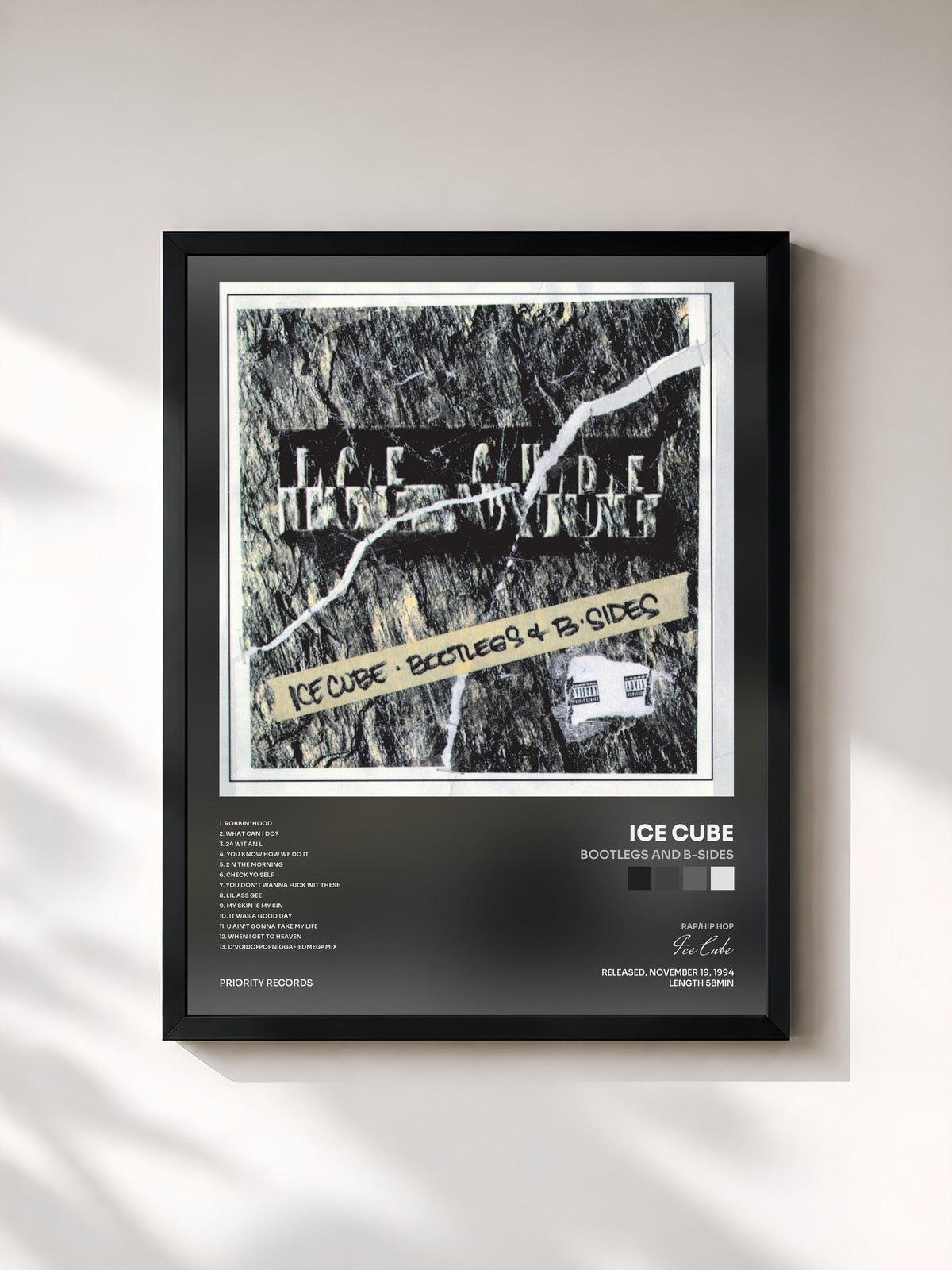 #noir Tableau de l'album Bootlegs And B-Sides de Ice Cube, cadre noir, imprimé et encadré en France