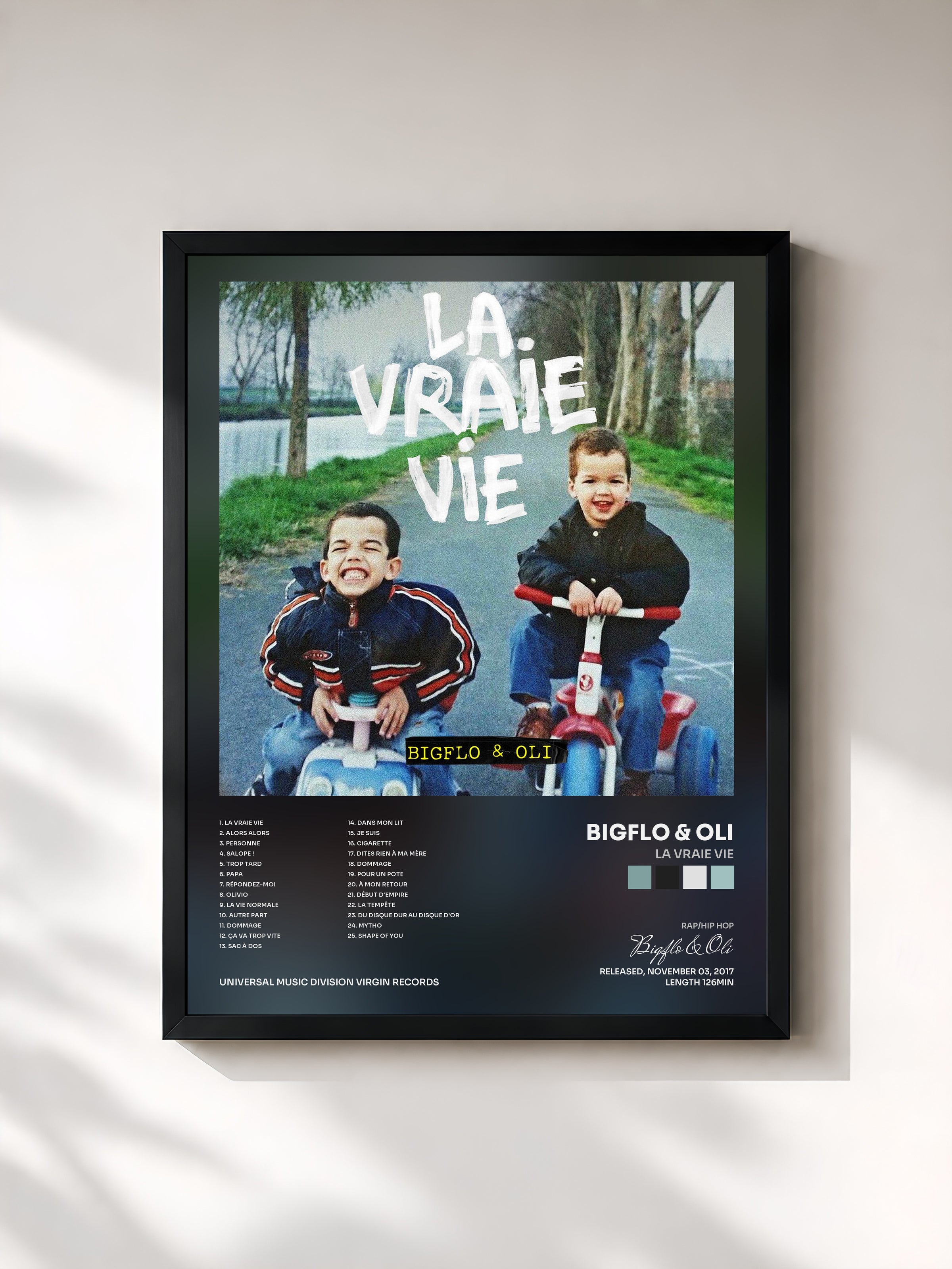 #noir Tableau de l'album La vraie vie de Bigflo & Oli, cadre noir, imprimé et encadré en France