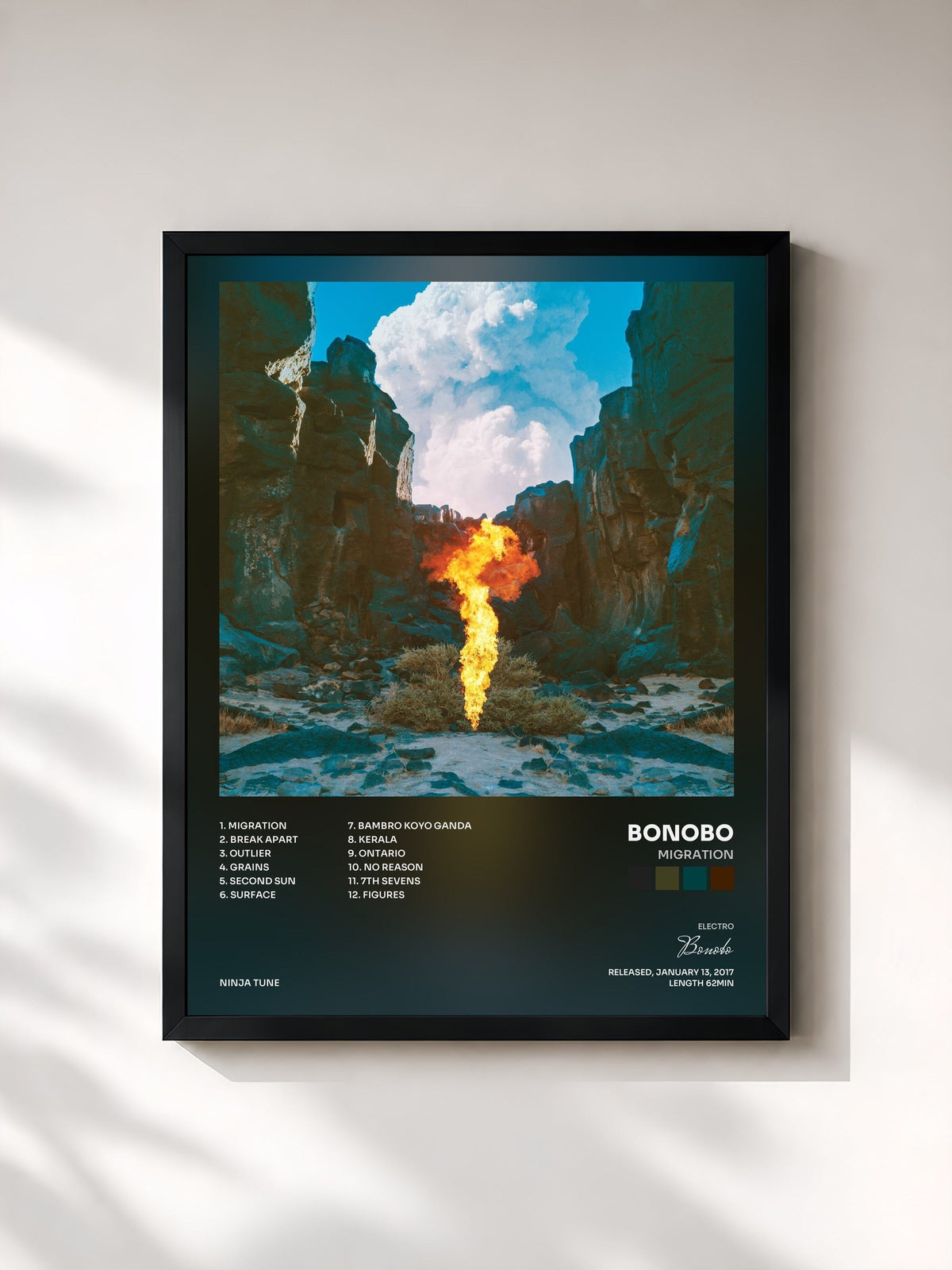 #noir Tableau de l'album Migration de Bonobo, cadre noir, imprimé et encadré en France