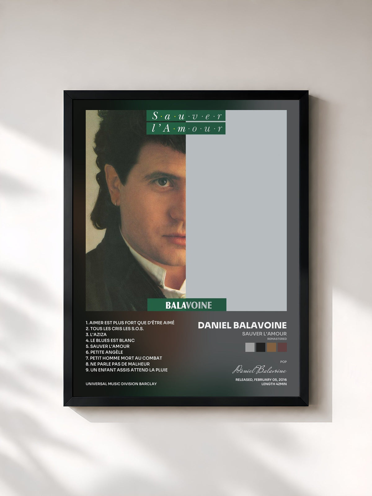 #noir Tableau de l'album Sauver l'amour (Remastered) de Daniel Balavoine, cadre noir, imprimé et encadré en France