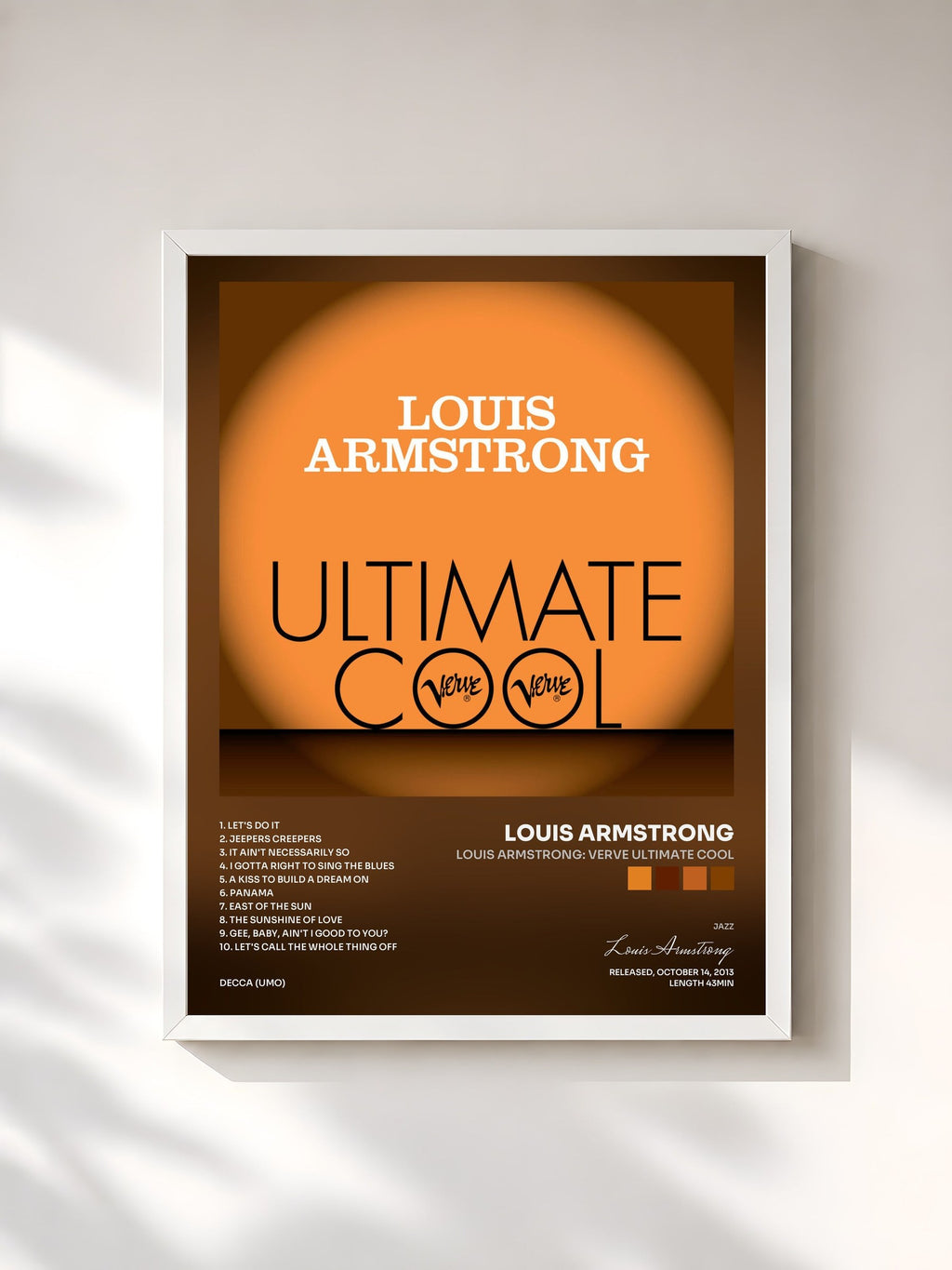 #blanc Tableau de l'album Louis Armstrong: Verve Ultimate Cool de Louis Armstrong, cadre blanc, imprimé et encadré en France