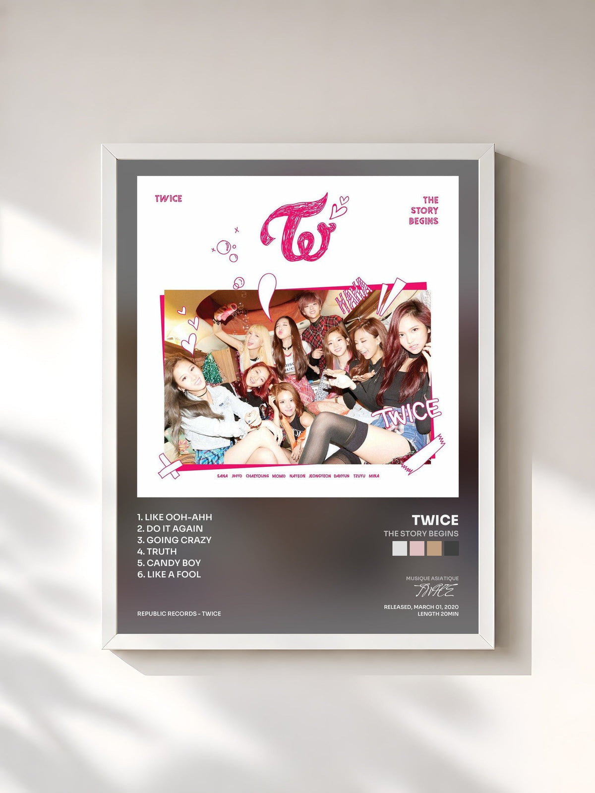 #blanc Tableau de l'album The Story Begins de TWICE, cadre blanc, imprimé et encadré en France