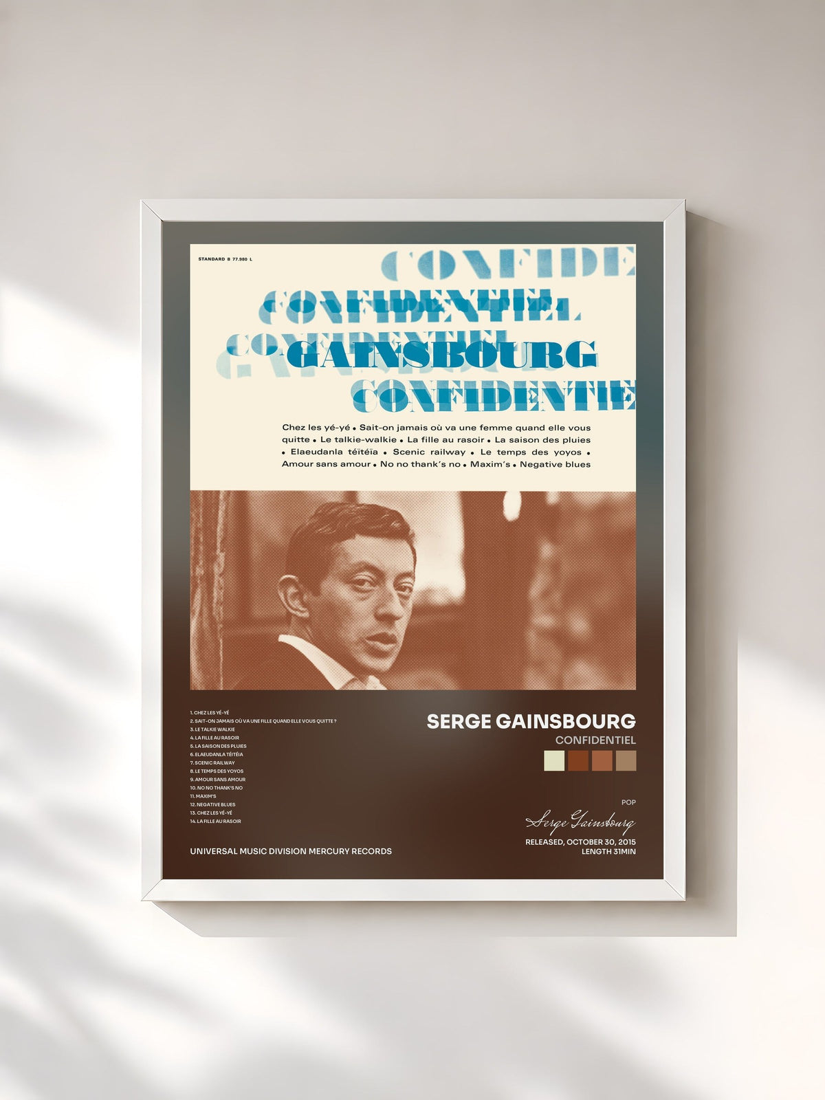 #blanc Tableau de l'album Confidentiel de Serge Gainsbourg, cadre blanc, imprimé et encadré en France