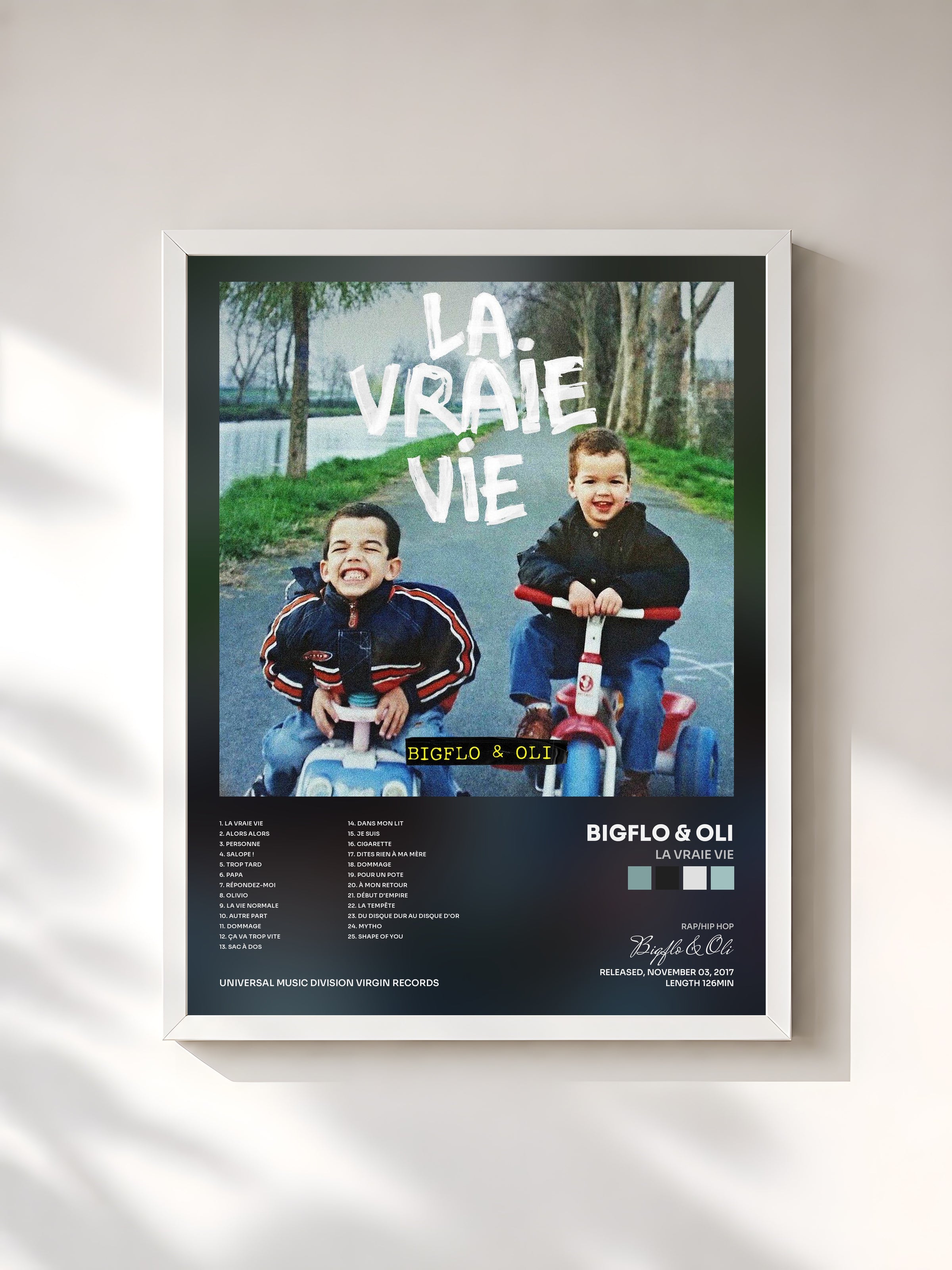 #blanc Tableau de l'album La vraie vie de Bigflo & Oli, cadre blanc, imprimé et encadré en France