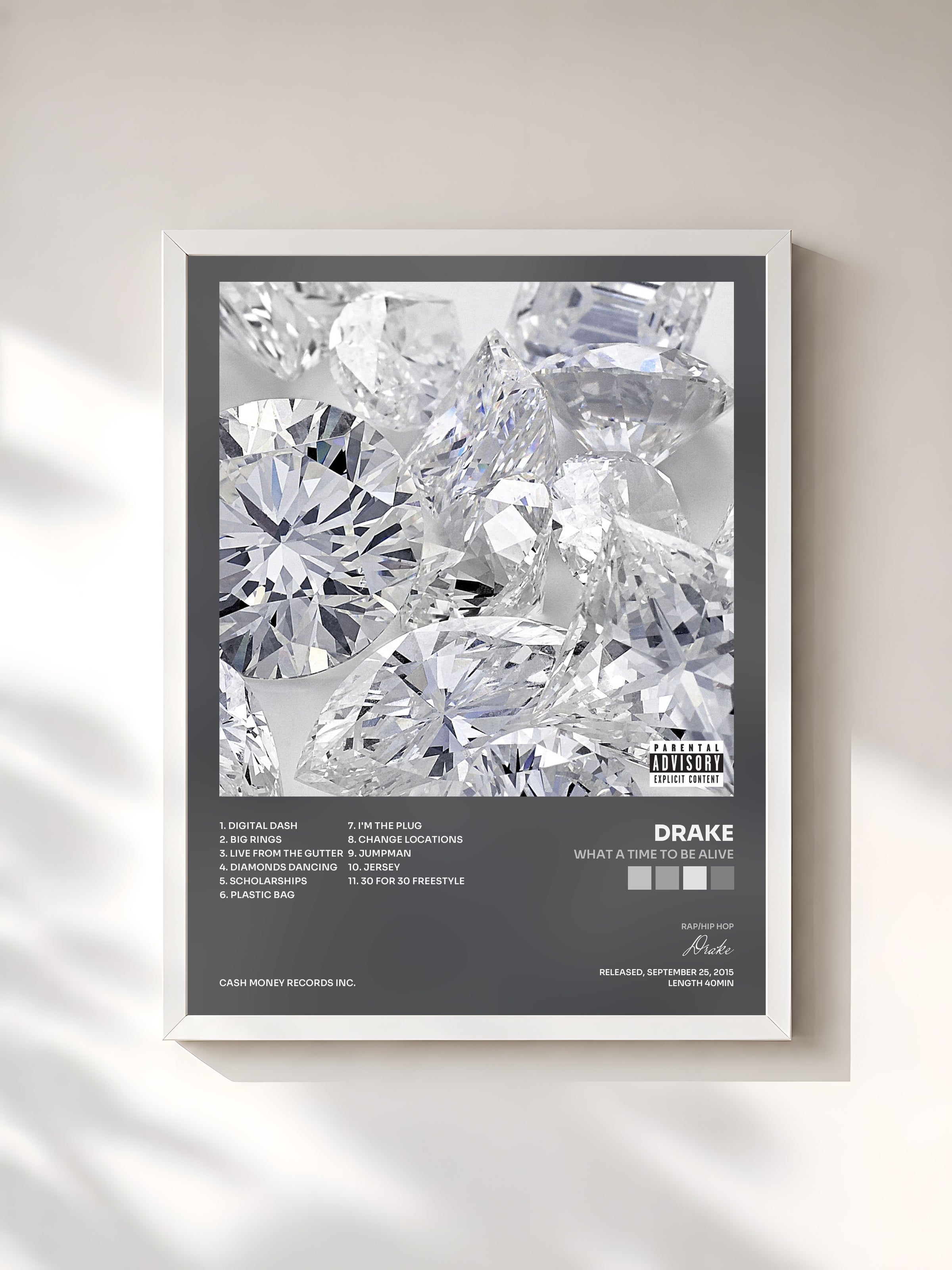 #blanc Tableau de l'album What A Time To Be Alive de Drake, cadre blanc, imprimé et encadré en France