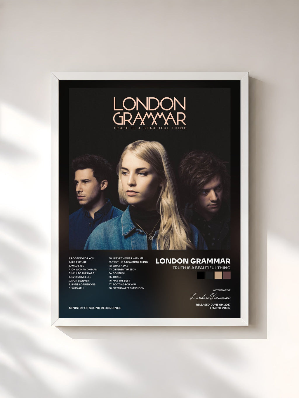 #blanc Tableau de l'album Truth Is a Beautiful Thing de London Grammar, cadre blanc, imprimé et encadré en France