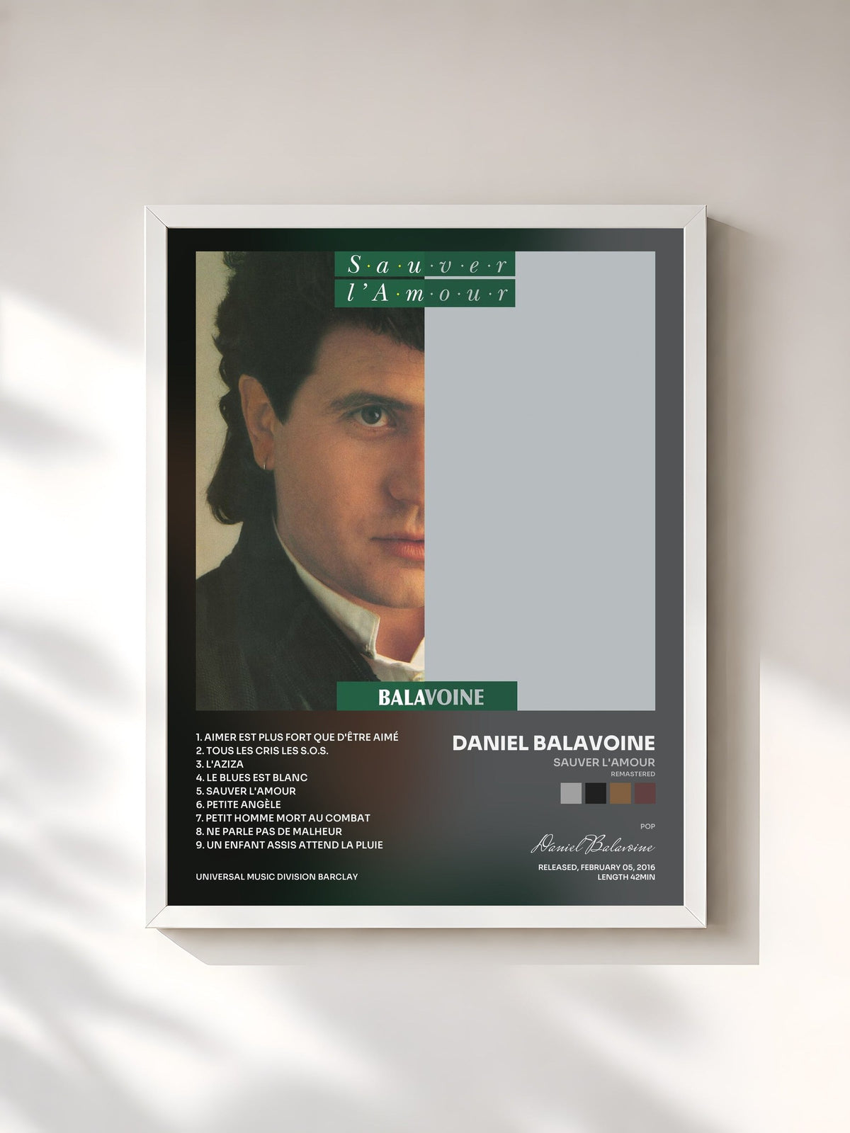#blanc Tableau de l'album Sauver l'amour (Remastered) de Daniel Balavoine, cadre blanc, imprimé et encadré en France