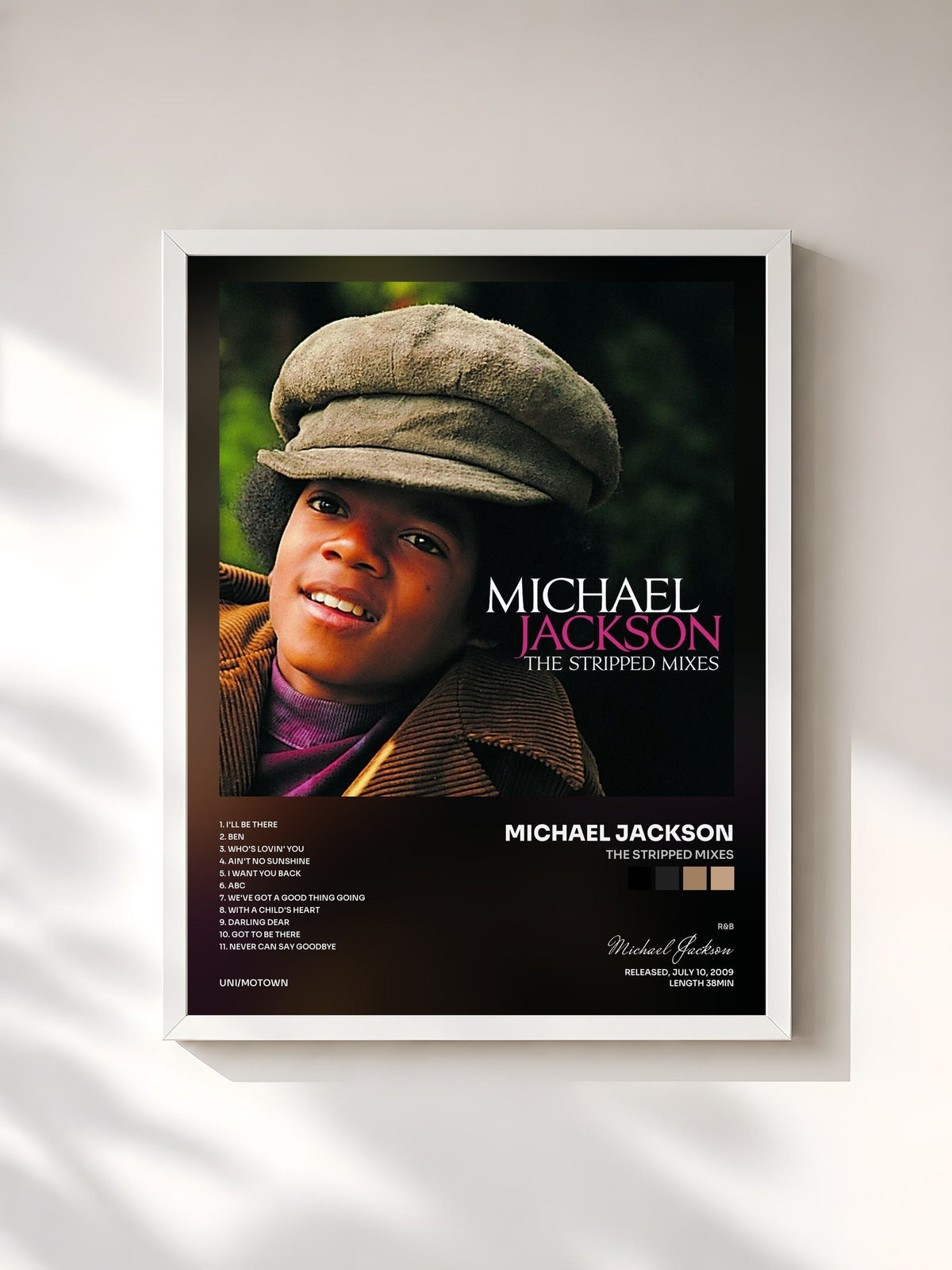 #blanc Tableau de l'album The Stripped Mixes de Michael Jackson, cadre blanc, imprimé et encadré en France