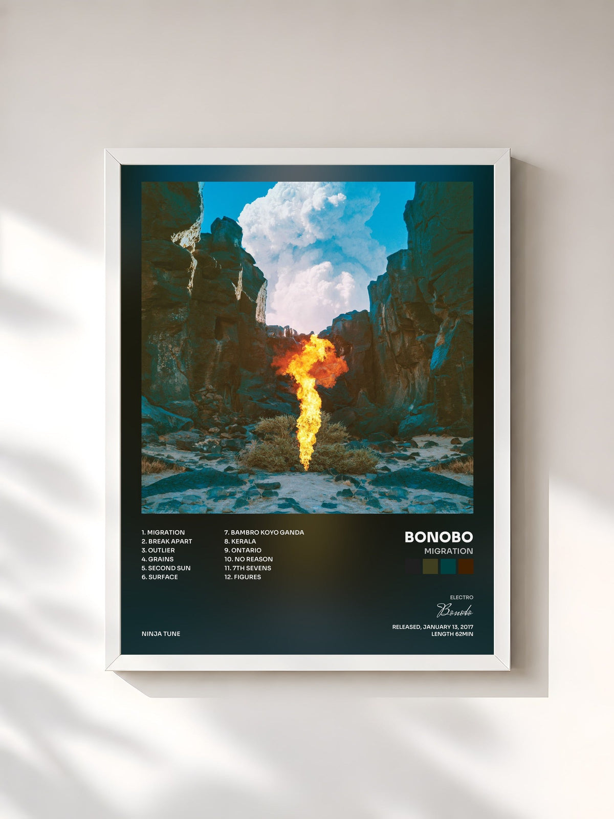 #blanc Tableau de l'album Migration de Bonobo, cadre blanc, imprimé et encadré en France