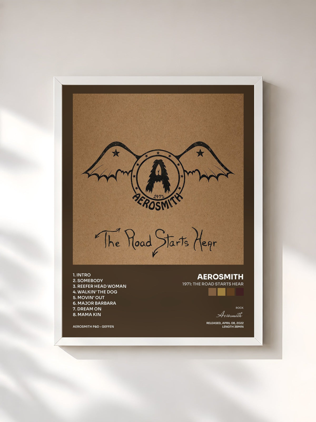 #blanc Tableau de l'album 1971: The Road Starts Hear de Aerosmith, cadre blanc, imprimé et encadré en France