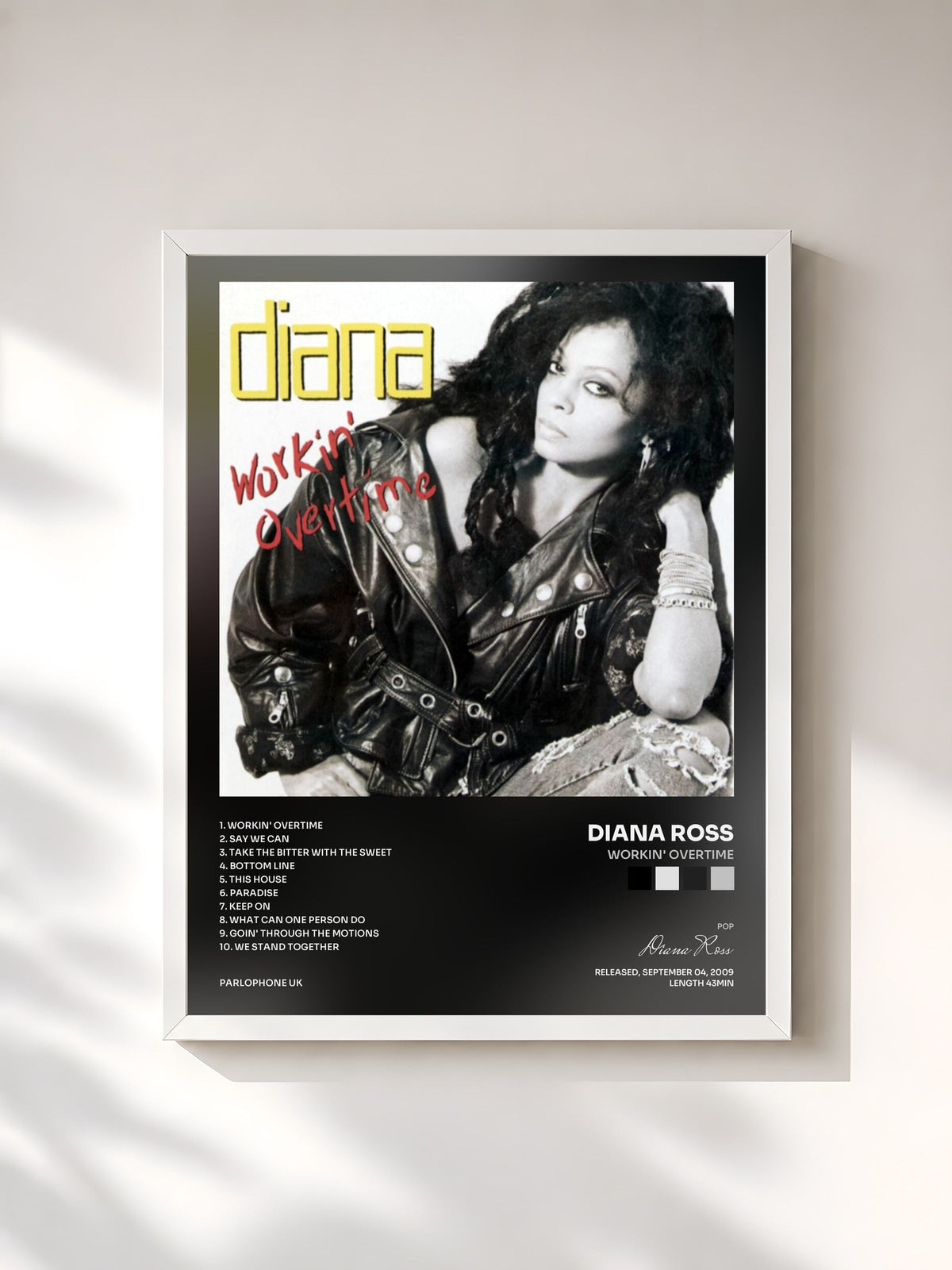 #blanc Tableau de l'album Workin' Overtime de Diana Ross, cadre blanc, imprimé et encadré en France