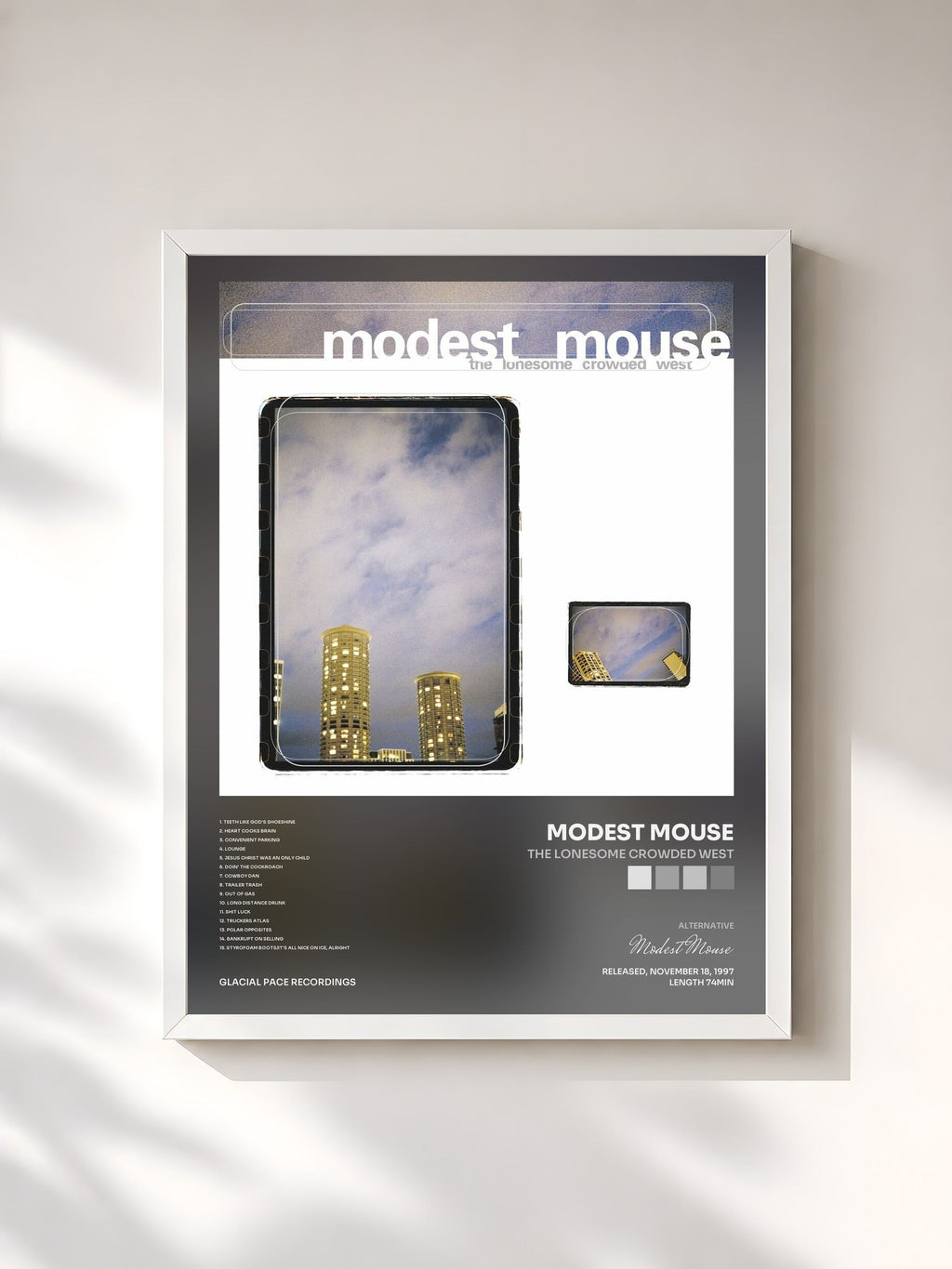 #blanc Tableau de l'album The Lonesome Crowded West de Modest Mouse, cadre blanc, imprimé et encadré en France