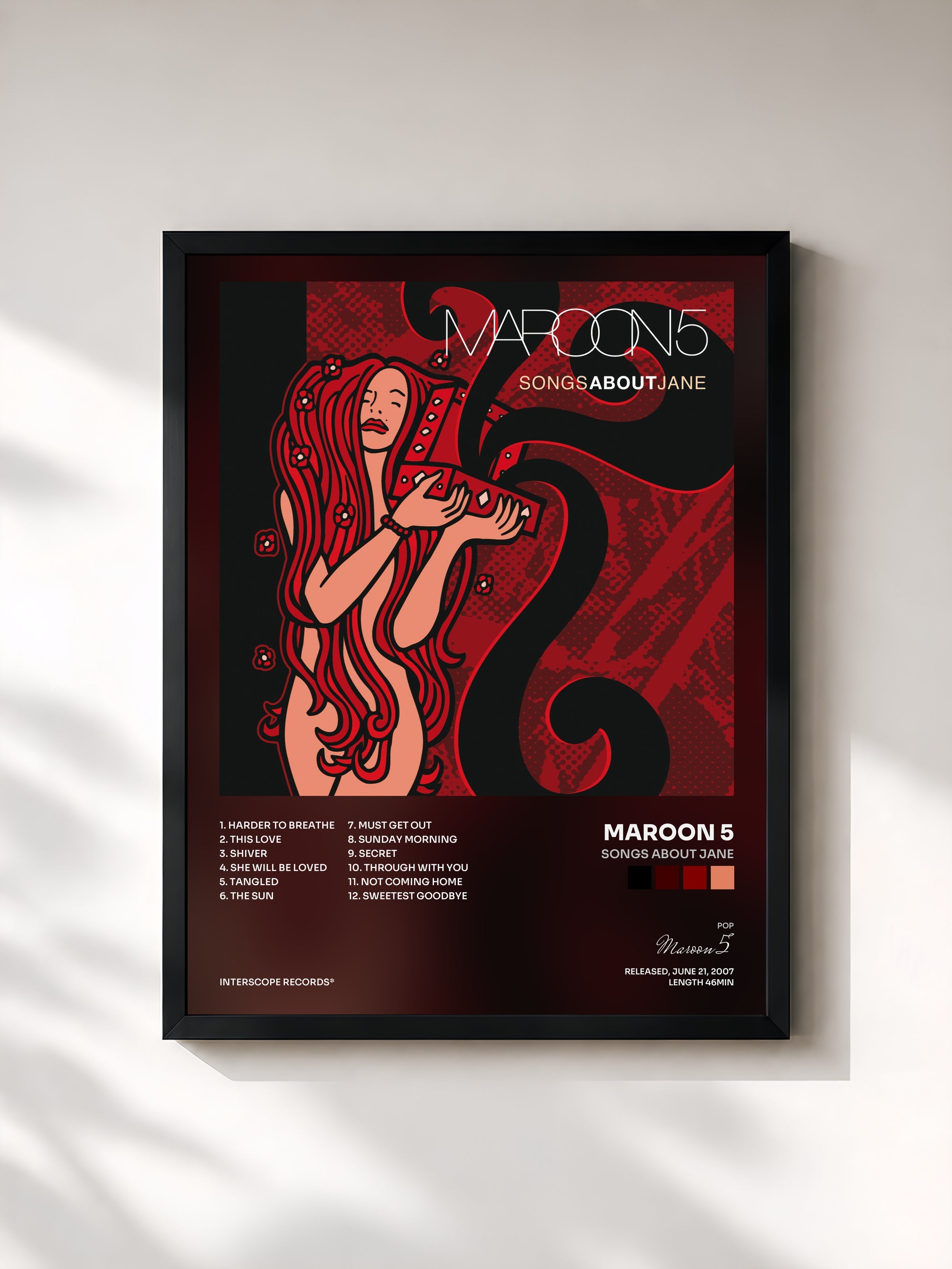#noir Tableau de l'album Songs About Jane de Maroon 5, cadre noir, imprimé et encadré en France