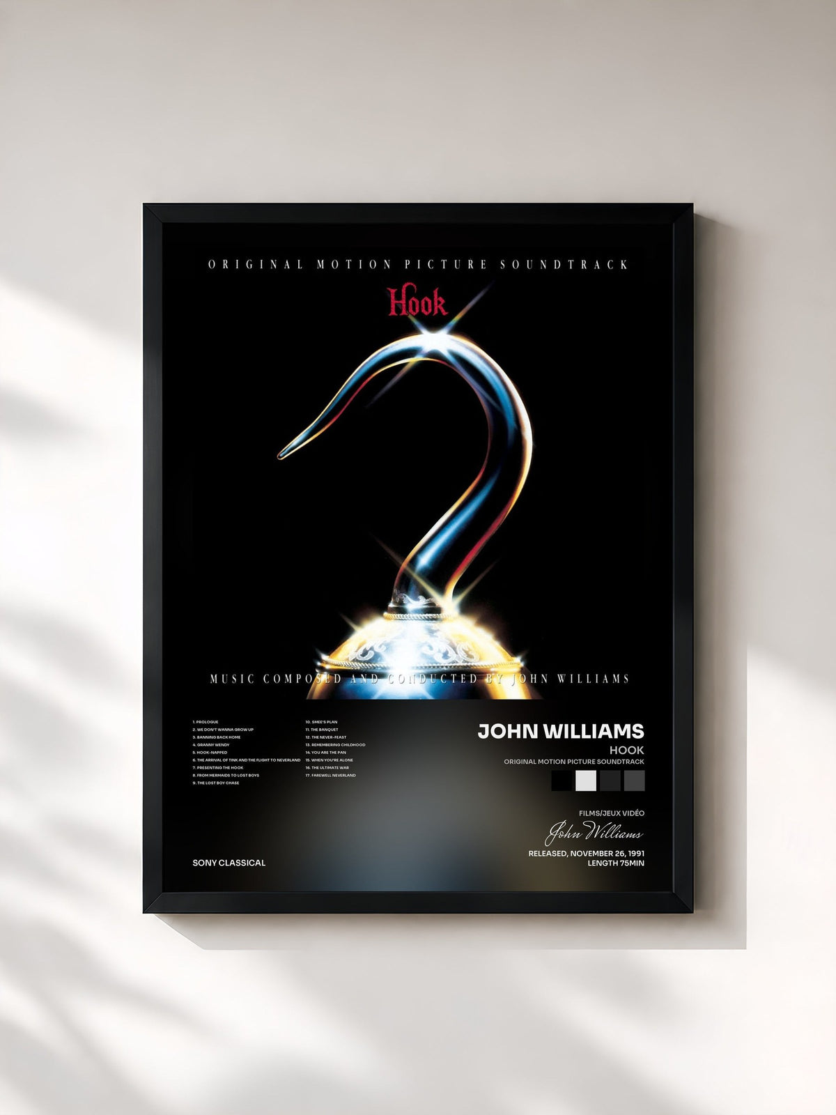 #noir Tableau de l'album Hook (Original Motion Picture Soundtrack) de John Williams, cadre noir, imprimé et encadré en France