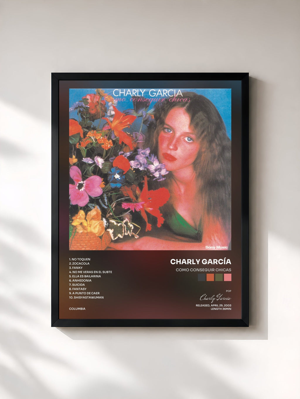 #noir Tableau de l'album Como Conseguir Chicas de Charly García, cadre noir, imprimé et encadré en France