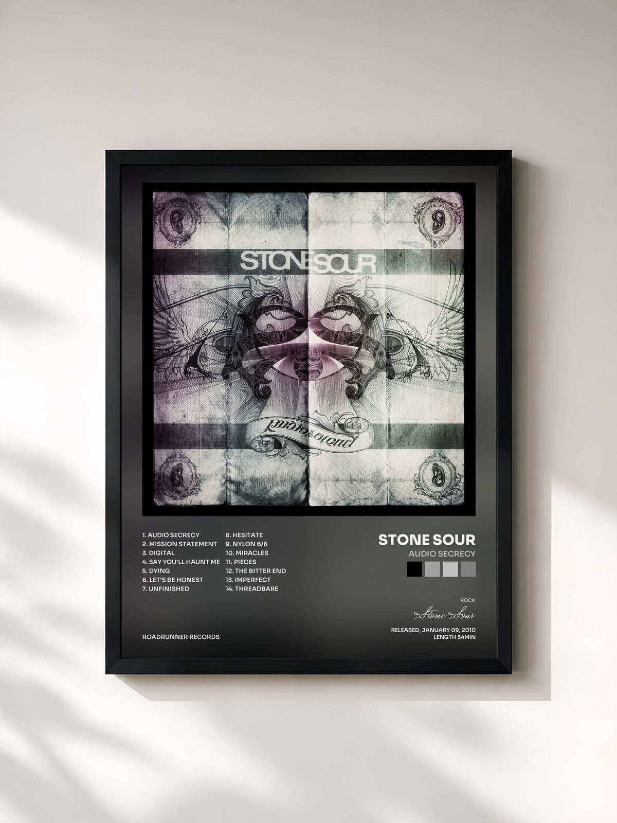 #noir Tableau de l'album Audio Secrecy de Stone Sour, cadre noir, imprimé et encadré en France