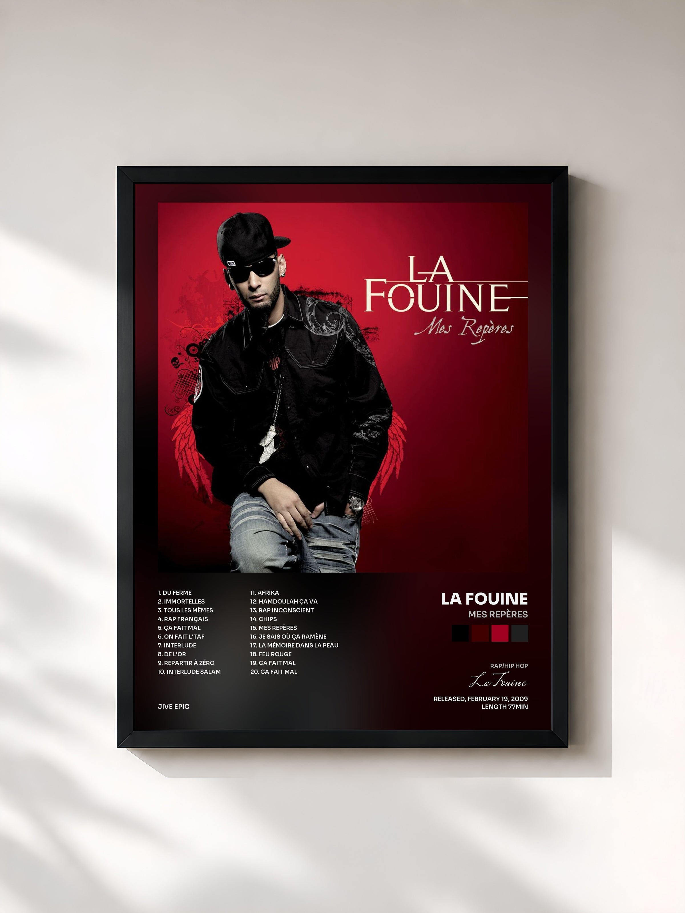 #noir Tableau de l'album Mes Repères de La Fouine, cadre noir, imprimé et encadré en France