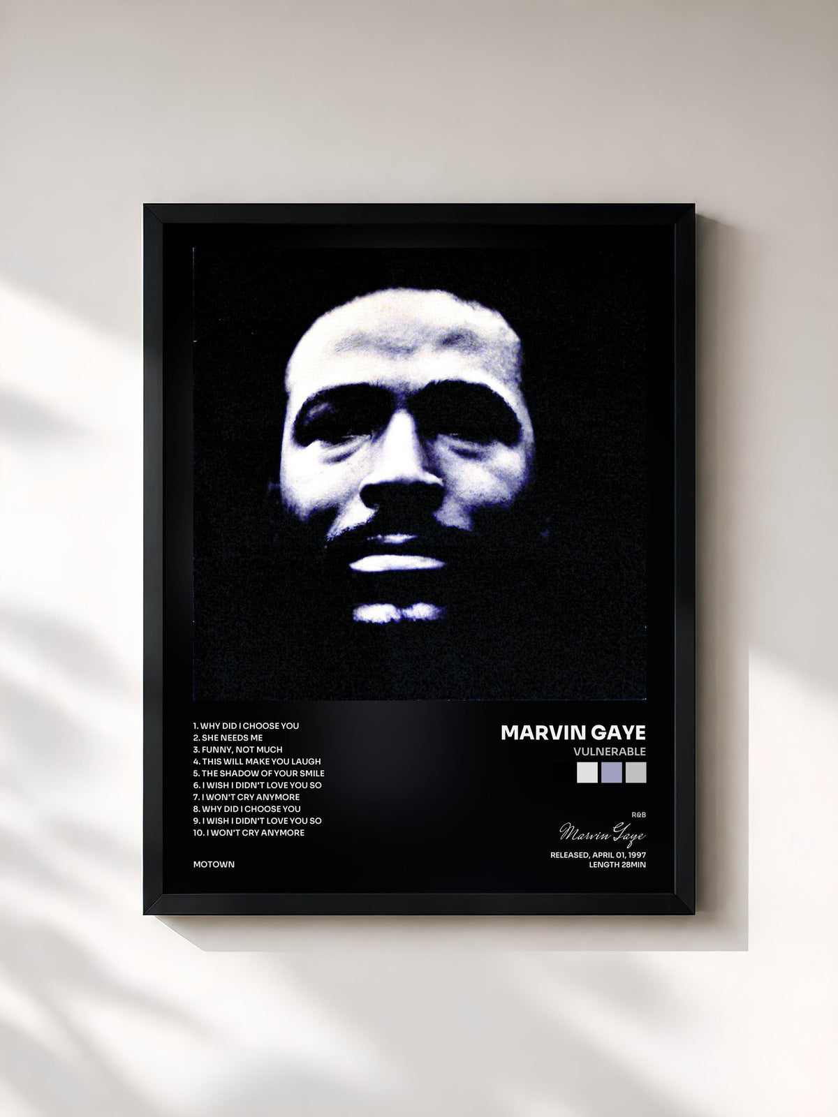 #noir Tableau de l'album Vulnerable de Marvin Gaye, cadre noir, imprimé et encadré en France