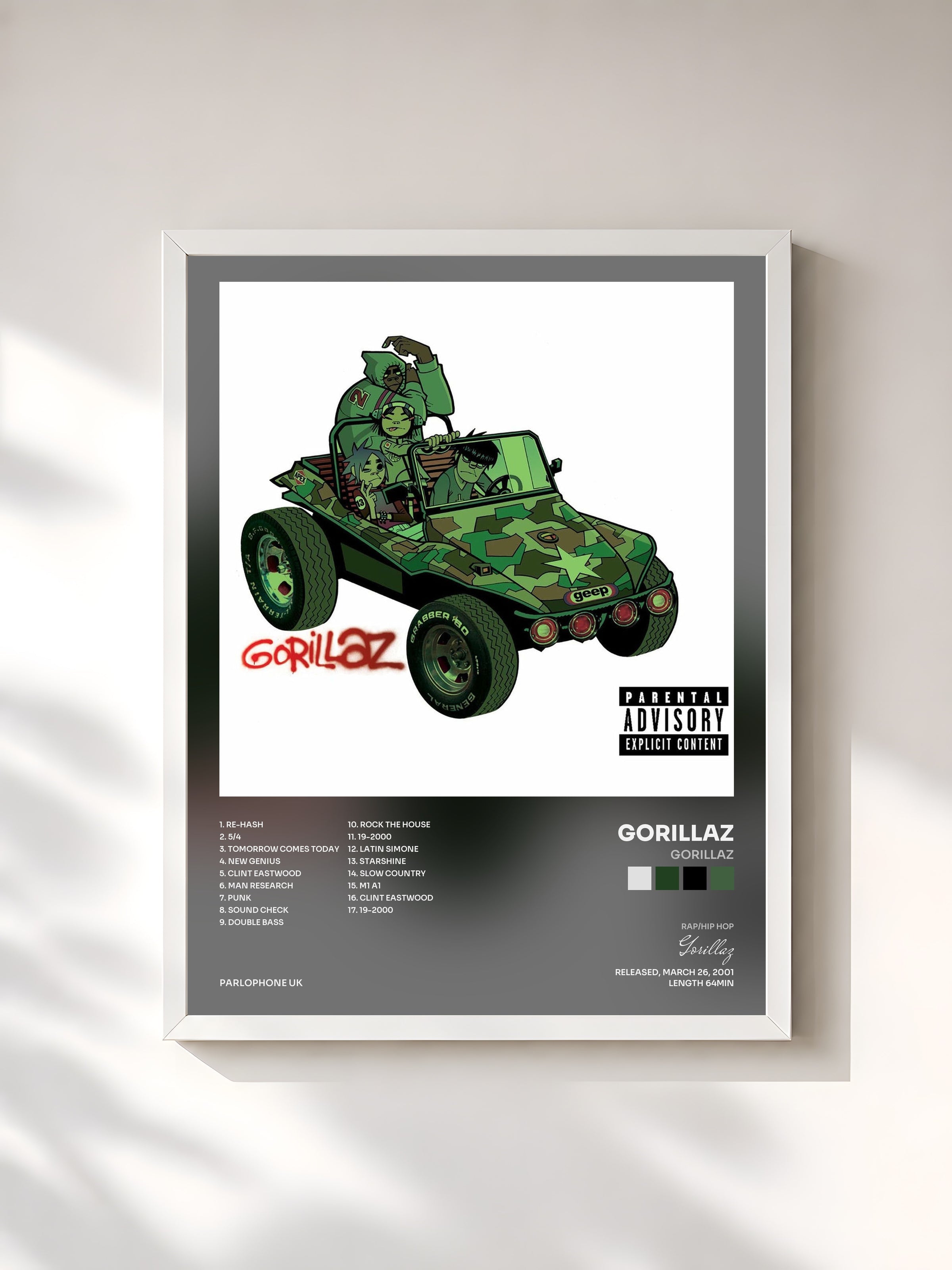 #blanc Gorillaz by Gorillaz as a framed art print, white frame, printed and framed in France