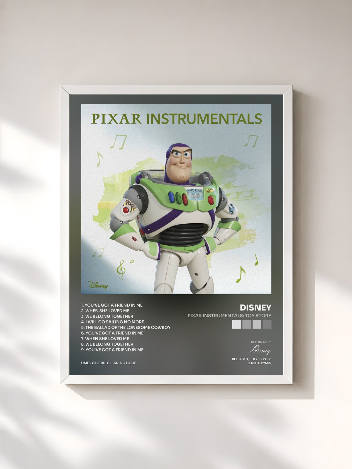 #blanc Tableau de l'album Pixar Instrumentals: Toy Story de Disney, cadre blanc, imprimé et encadré en France
