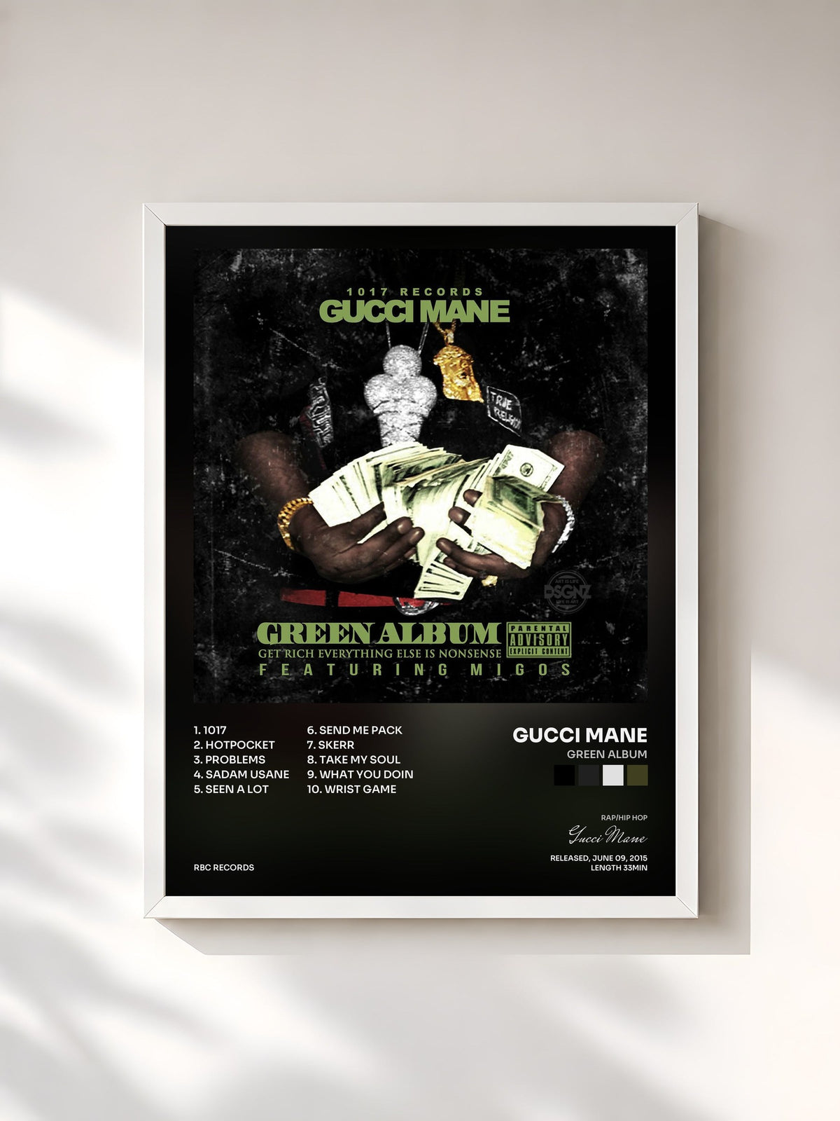 #blanc Tableau de l'album Green Album de Gucci Mane, cadre blanc, imprimé et encadré en France