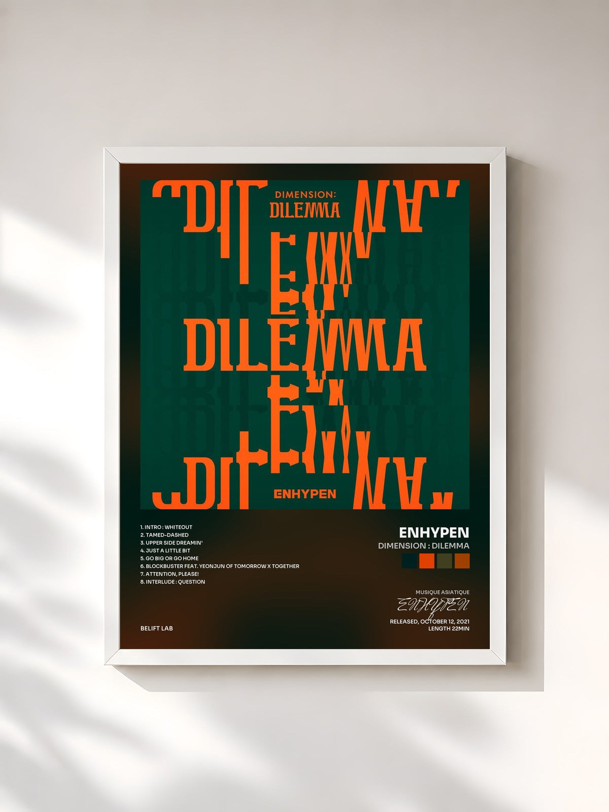 #blanc Tableau de l'album DIMENSION : DILEMMA de ENHYPEN, cadre blanc, imprimé et encadré en France