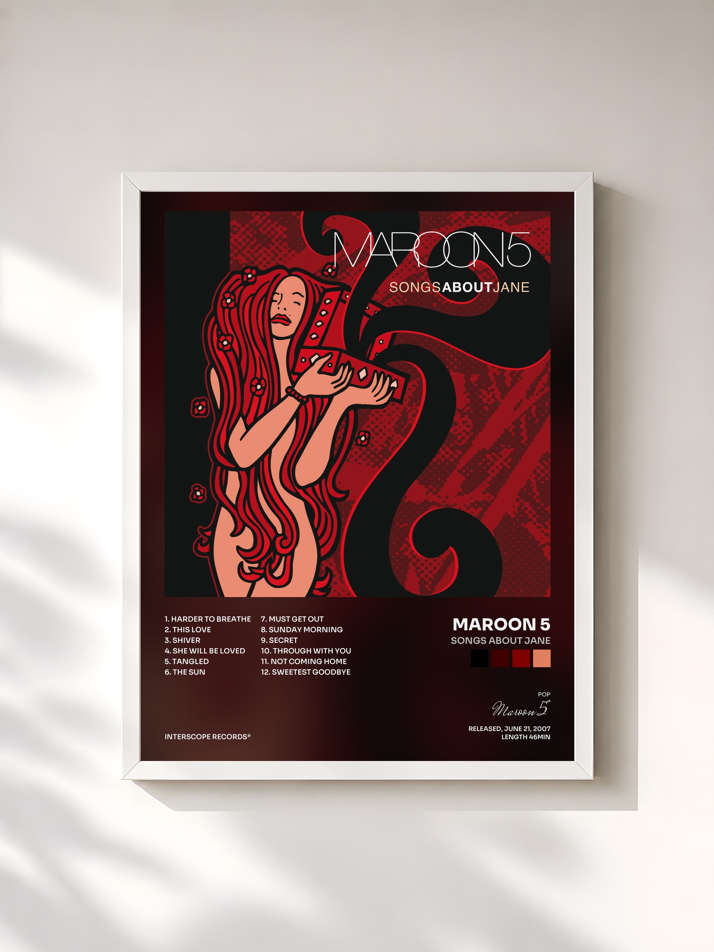 #blanc Tableau de l'album Songs About Jane de Maroon 5, cadre blanc, imprimé et encadré en France