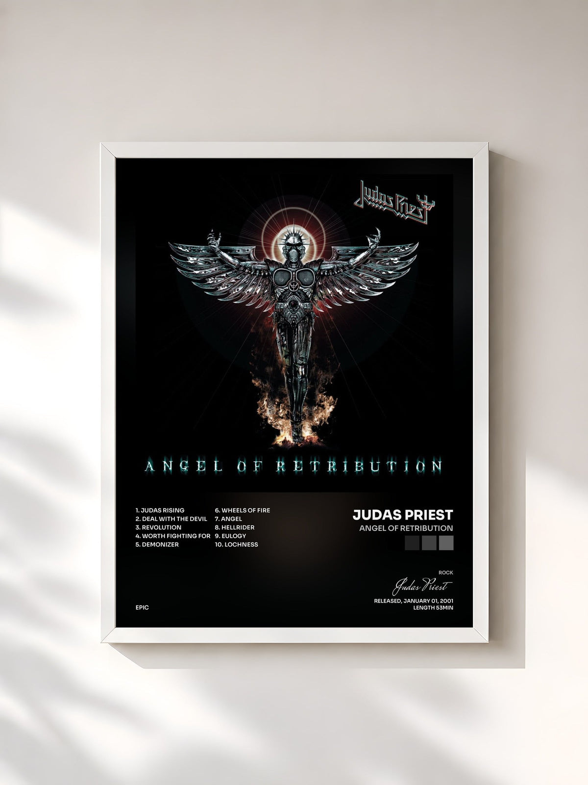 #blanc Tableau de l'album Angel Of Retribution de Judas Priest, cadre blanc, imprimé et encadré en France