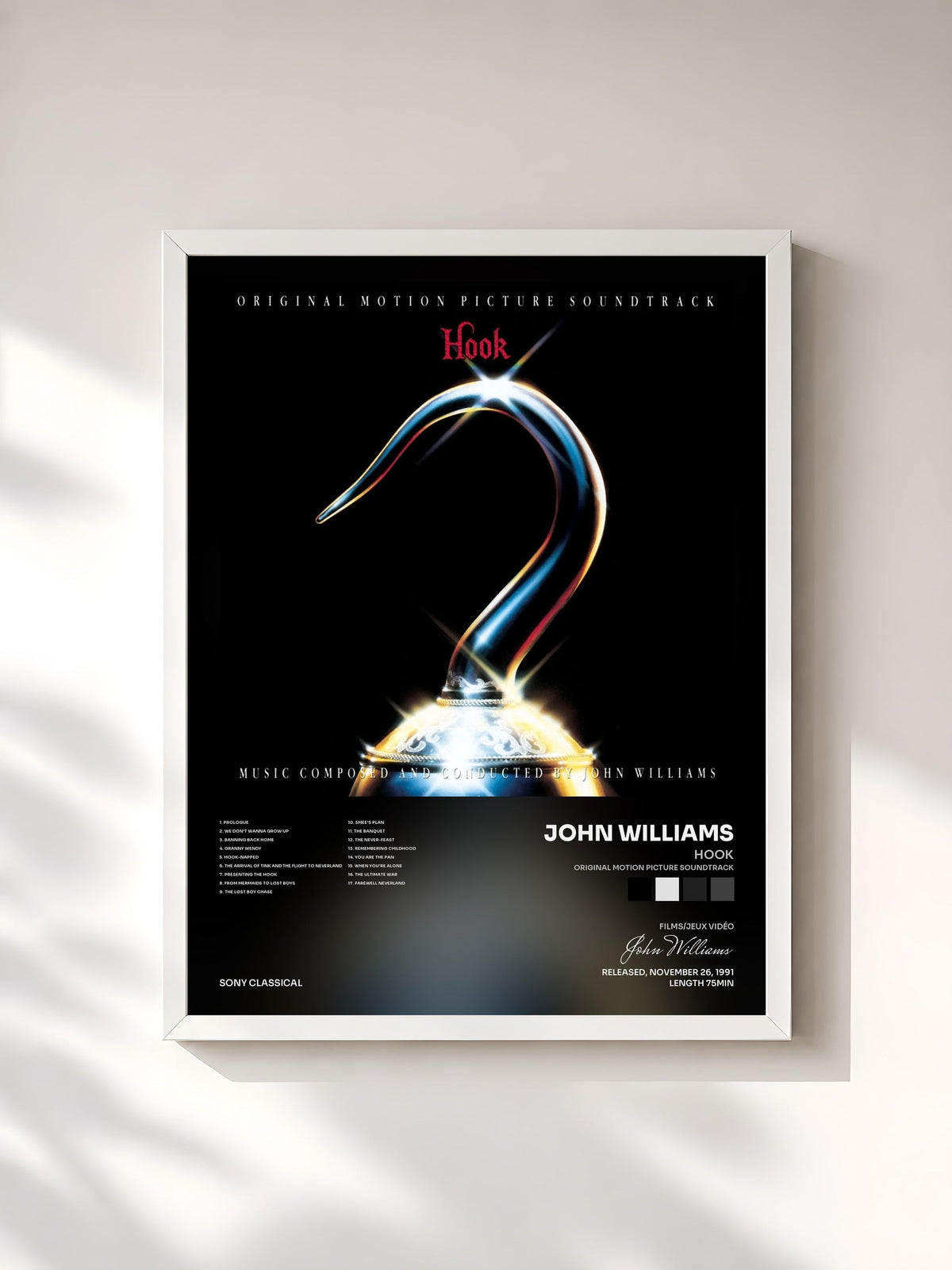 #blanc Tableau de l'album Hook (Original Motion Picture Soundtrack) de John Williams, cadre blanc, imprimé et encadré en France