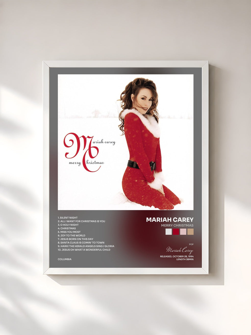 #blanc Merry Christmas by Mariah Carey as a framed art print, white frame, printed and framed in France