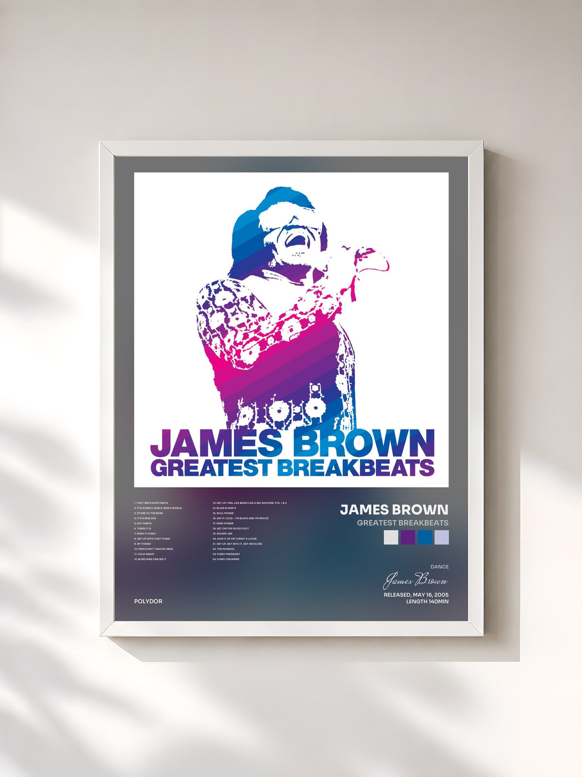 #blanc Tableau de l'album Greatest Breakbeats de James Brown, cadre blanc, imprimé et encadré en France