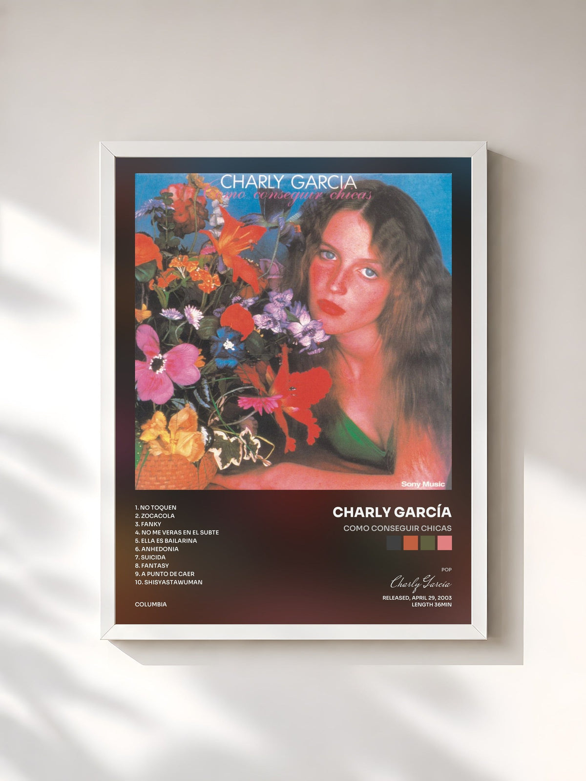 #blanc Tableau de l'album Como Conseguir Chicas de Charly García, cadre blanc, imprimé et encadré en France