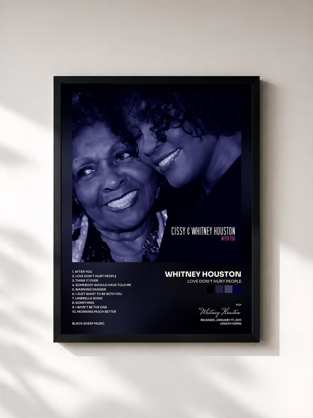 #noir Tableau de l'album Love Don't Hurt People de Whitney Houston, cadre noir, imprimé et encadré en France