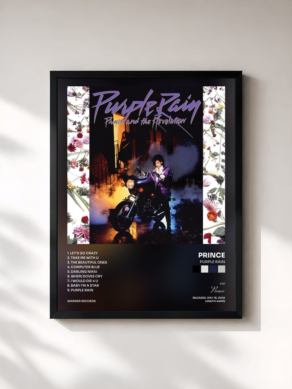 #noir Tableau de l'album Purple Rain de Prince, cadre noir, imprimé et encadré en France