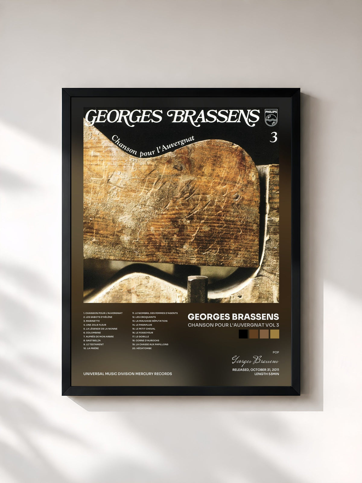 #noir Tableau de l'album Chanson Pour L'Auvergnat Vol 3 de Georges Brassens, cadre noir, imprimé et encadré en France
