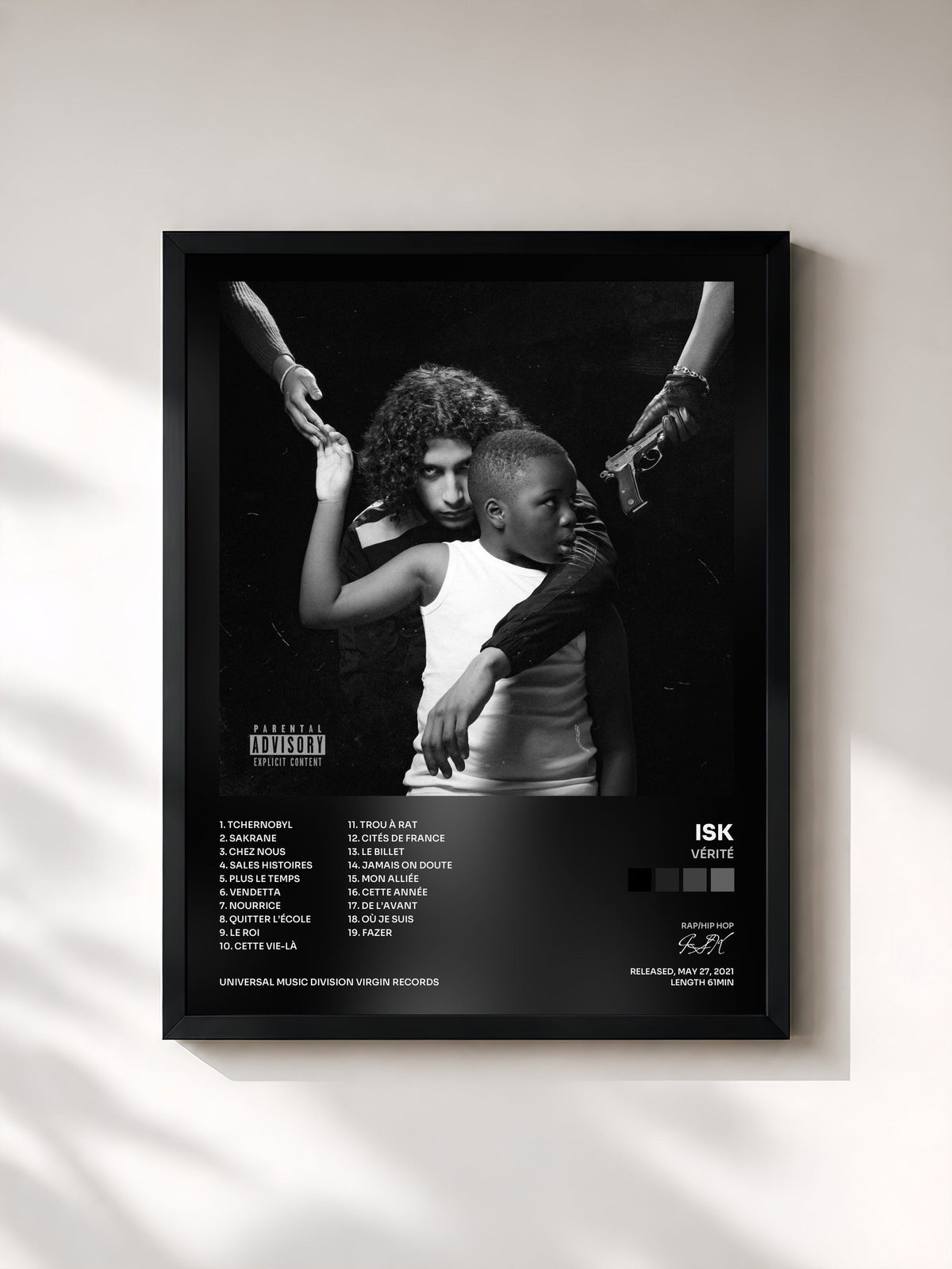 #noir Tableau de l'album Vérité de ISK, cadre noir, imprimé et encadré en France